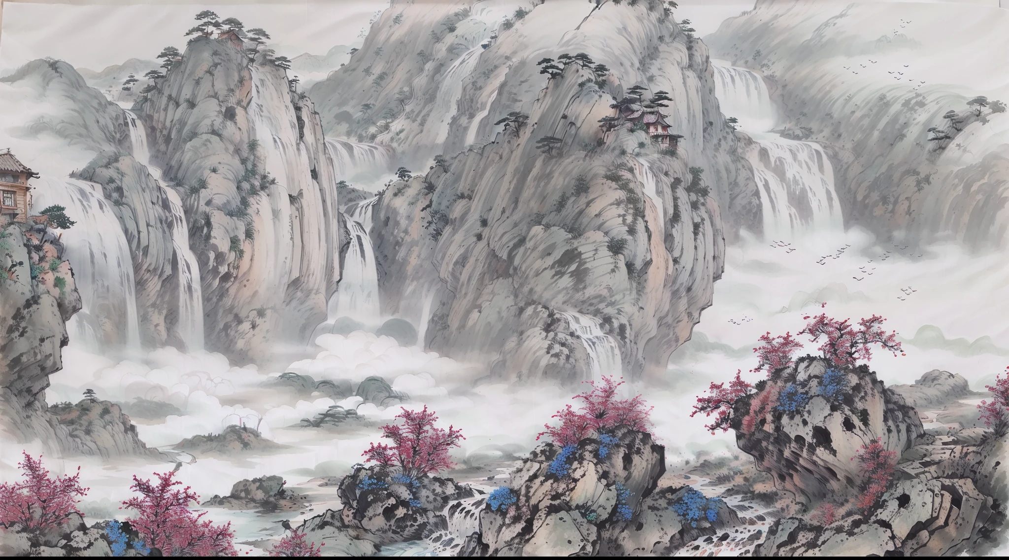 ((4K, tmasterpiece, best qualityer)), shuimobysim, Traditional ink painting, waterfallr，High hills