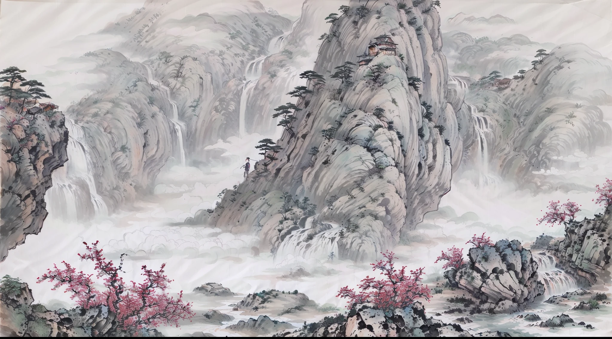 ((4K, tmasterpiece, best qualityer)), shuimobysim, Traditional ink painting, waterfallr,High hills
