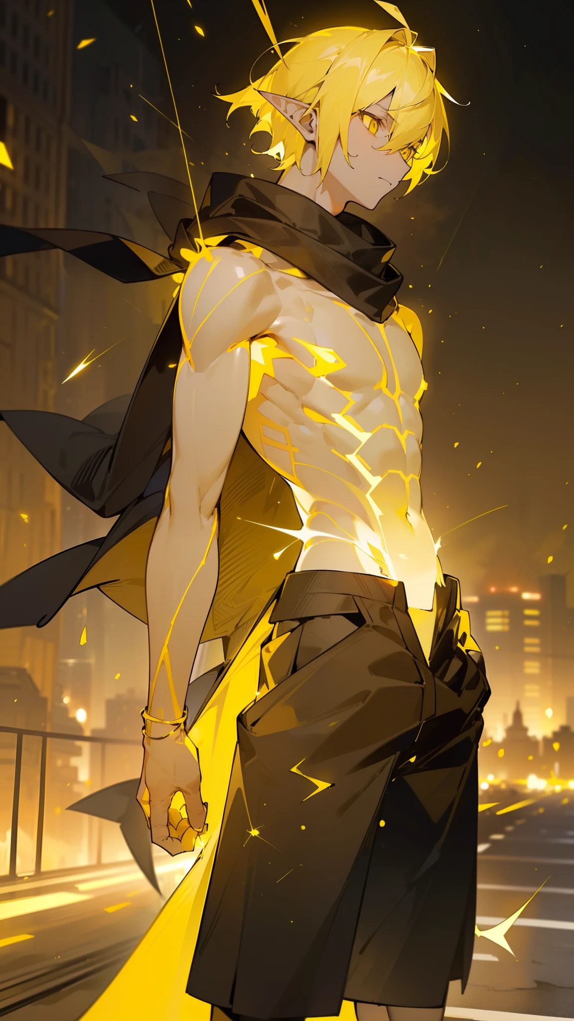 1boy,mature male,tall,yellow hair,short hair,yellow eyes,elf ear,serious,(no shirt,black shorts,black scarf),(((standing on a road in city))),((yellow sparks across the body, yellow rays across the body, electric body,cowboy shot)),(((yellow glowing skin,yellow skin,colored skin,)))