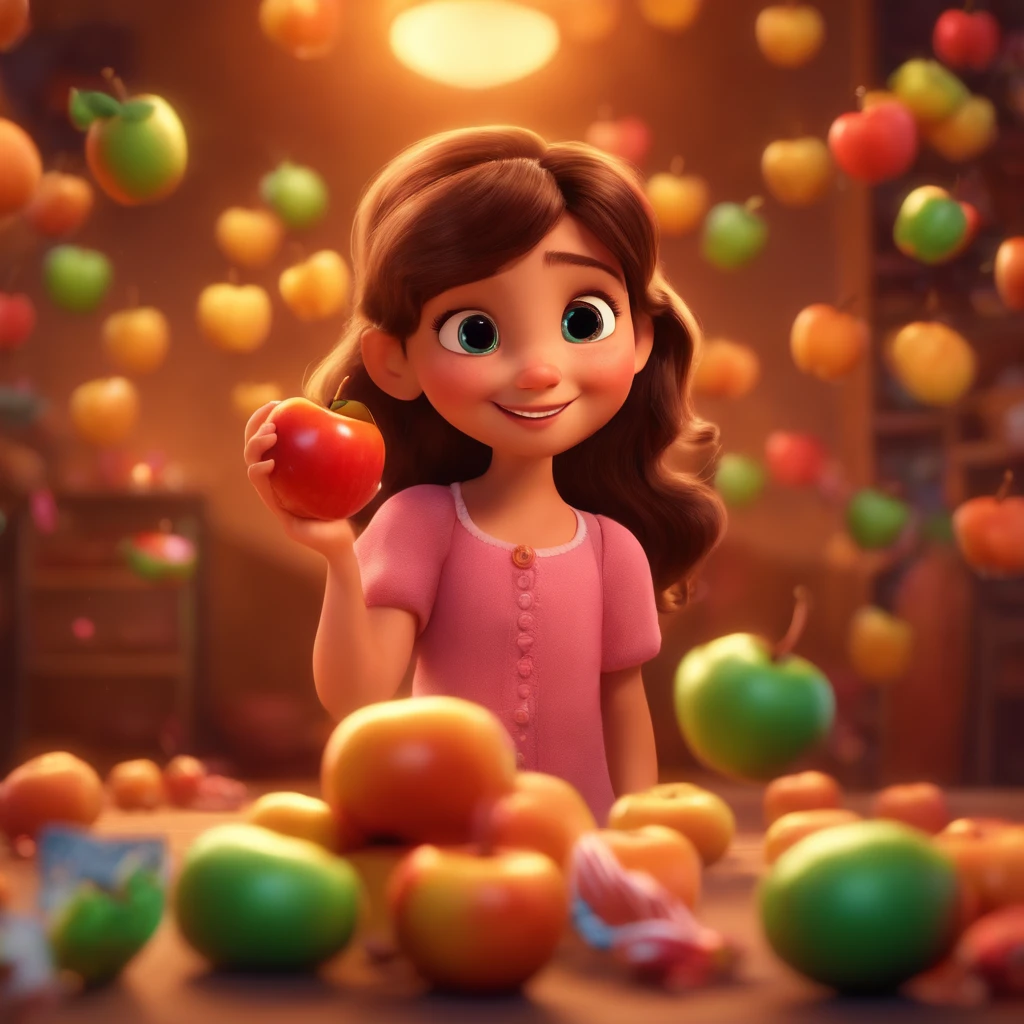 mignon, adorable, fille souriante mangeant une pomme d'amour, Candy flying all around her, Pixar, Disney, Cinema Lighting, Jeu, 8k, magie, amour