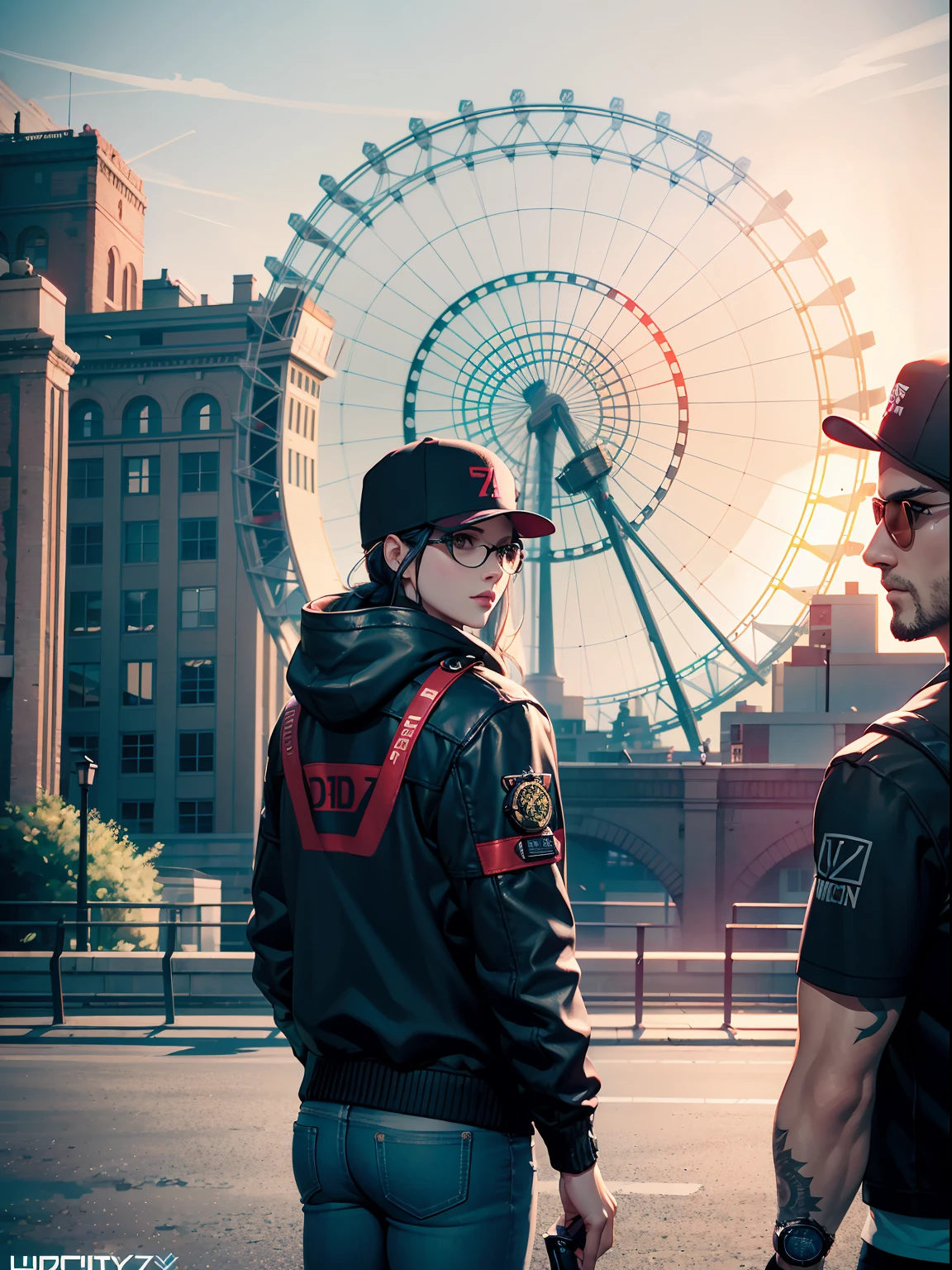 London Eye (Millennium Wheel), Marcus Holloway a character of watch dogs 2 game, UHD detailed graphics, Nvidia RTX ray tracing, AMD FidelityFX Super Resolution, AMD Ryzen 7 rendered, 24K hyperHD