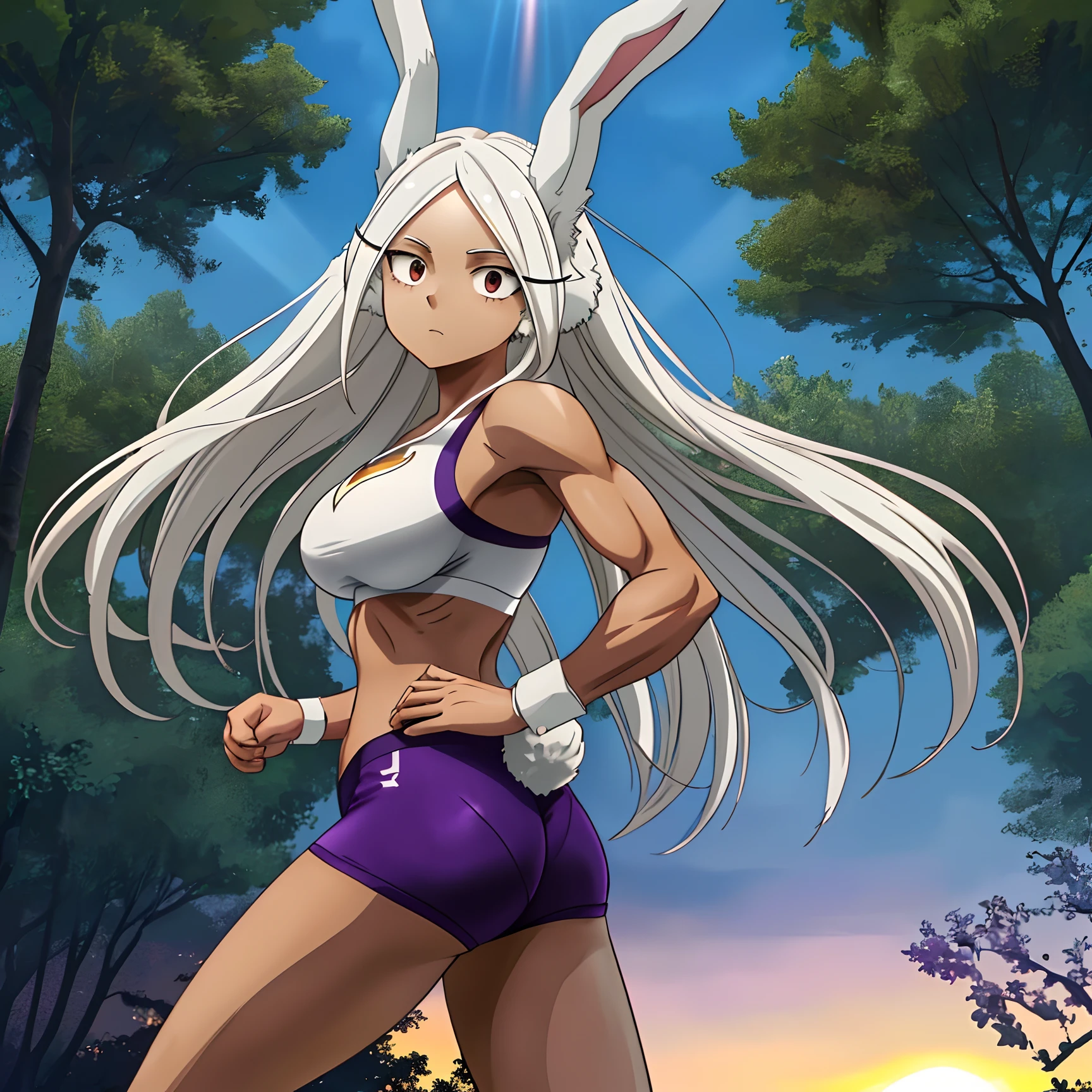 [Miruko; Boku no hiro academia], ((masterpiece)), ((HD)), ((high quality)), ((solo portrait)), ((back view)), ((anime)), ((Kohei Horikoshi)), ((detailed shading)), ((beautiful render art)), ((cinematic lighting)), ((intricate details)), {Miruko; (dark skin), cute maroon eyes, long eyelashes, long white hair, long white bunny ears, (small fluffy white bunny tail), large boobs, (muscular legs), (defined arm muscles), (gorgeous hips), (expressionless)}, {(white sports bra with purple lines), (midriff), (purple tight spandex shorts), (thong straps), (watch on wrist)}, {(running), (looking back)}, [Background; (park), (trees), (blue sky), (sun rays)]