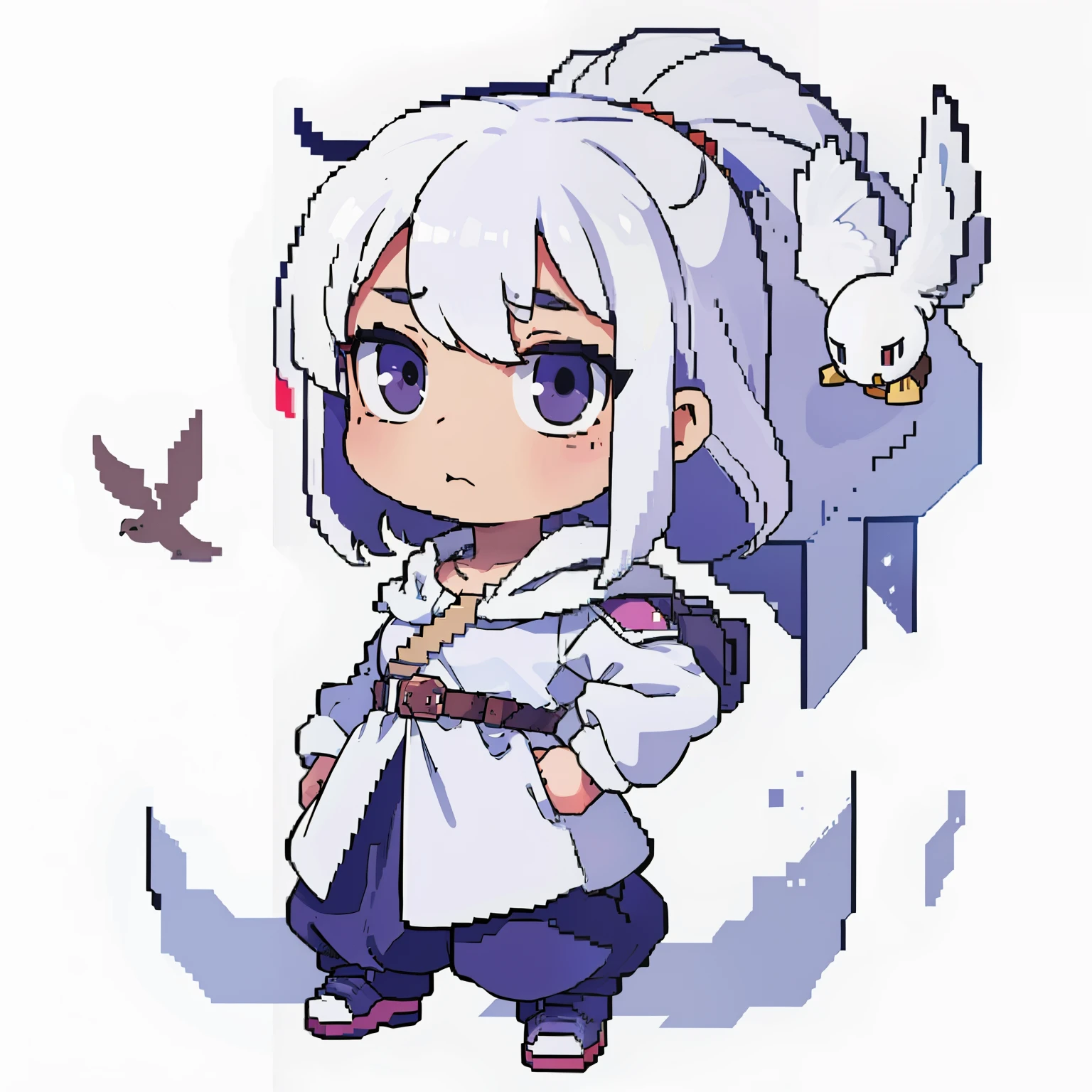 Voxels,(3D Big Pixel Art), (3D Pixel Art),White background,Chibi,Large pixels,(3DPixel art),The character has a peculiar pose, Girl with dove on her shoulder,(3D Pixel Art)