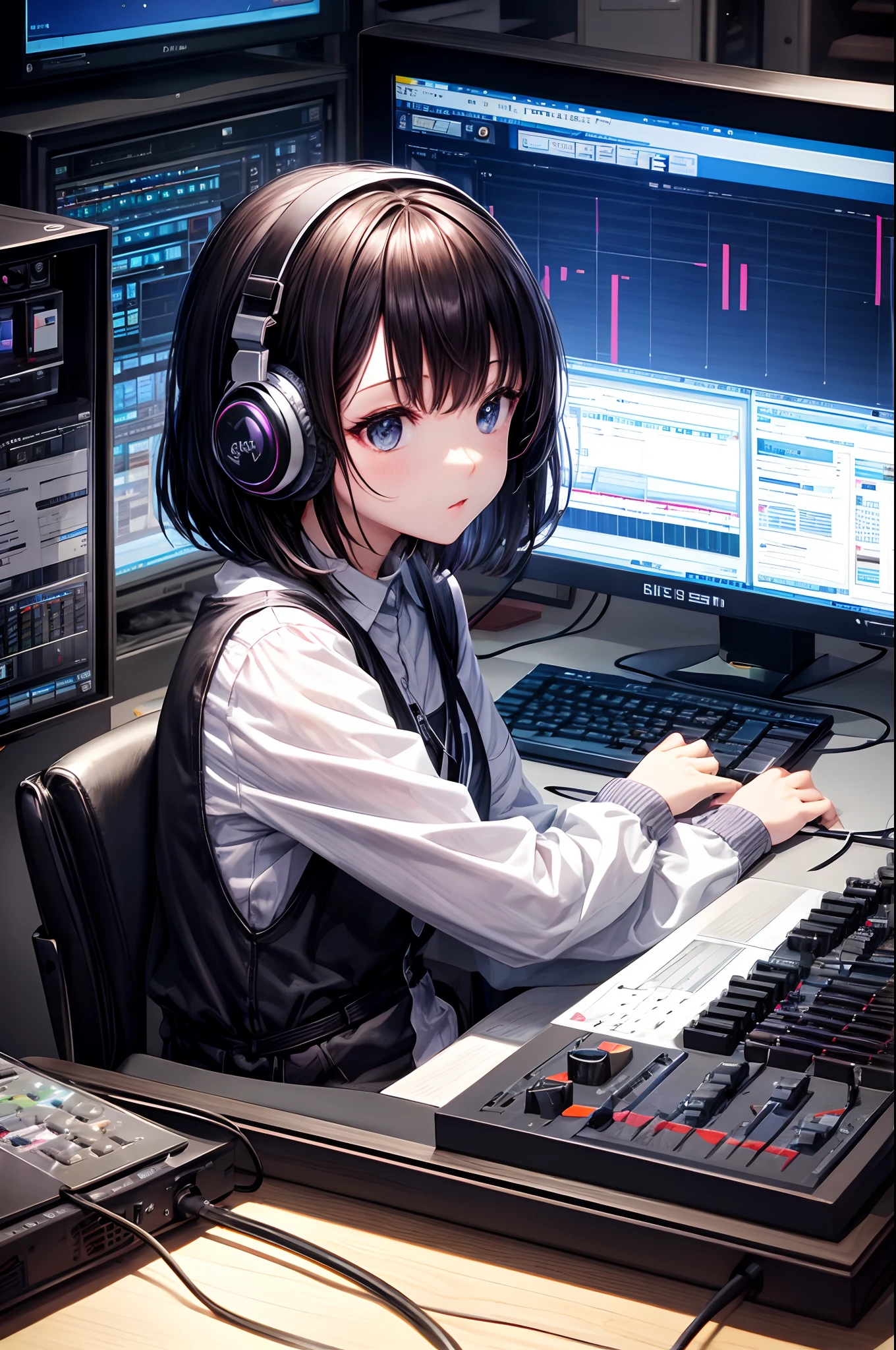 personal computers、Numerous monitors、Music Production Status、dim room、Girl typing on keyboard、Put on headphones、holding electric guitar、A dark-haired、Bob Hair、Display drum set on monitor、