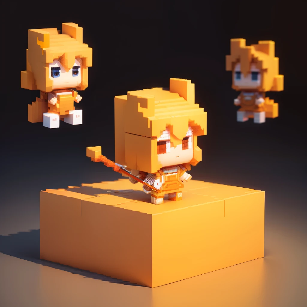 (3D Pixel Art),Characters made up of boxes,White background,Chibi,Orange base,Large pixels,(3DPixel art),The character has a peculiar pose, Lion girl with magic wand