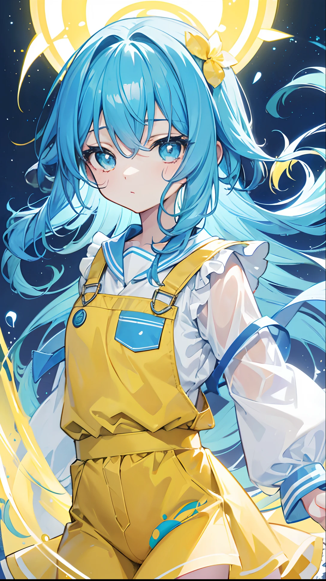Glow: light bluish yellow,There is hair and pupils,Blue clothes, yellow and white,Sweet li girl,Overall gloss