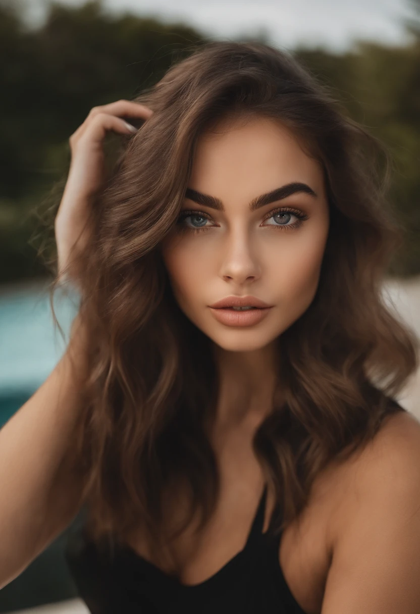 Arafed mujer con sin ropa, Chica sexy con ojos marrones, Retrato Sophie Mudd, brown hair and large eyes, selfie de una mujer joven, Ojos del dormitorio, Violeta Myers, sin maquillaje, Maquillaje natural, staring directly into camera, cara con artgram, maquillaje sutil, Impresionante foto de cuerpo completo, En la piscina, escote