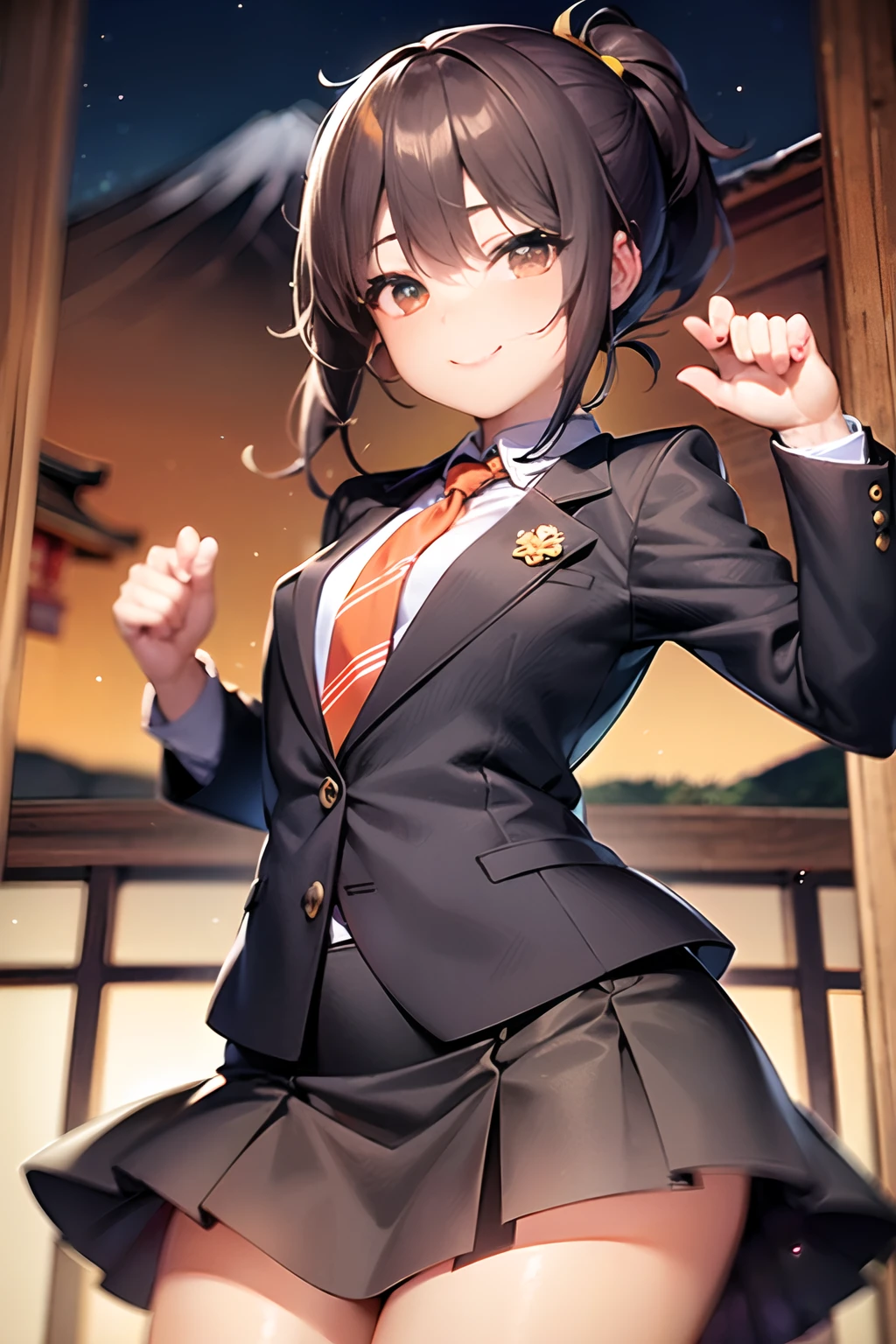 ((Suit:1.5)), ((skirt by the:1.5)), Anatomically correct body, very detailed face and eyes, ((Kyoto Animation Style)), super precision, masterpiece, very extremely beautiful, Princess Face, Boyish girl, shorth hair, Straight hair, Dark hair, Short ponytail, Black eyes, ((Smaller chest)), BREAK, ((orange necktie)), cowboy shot, dynamicposes, With smiling eyes, Turned, ((jpn:1.5)), ((Mt fuji)), from the rear, Latex, Hinomaru, kawaii girl,