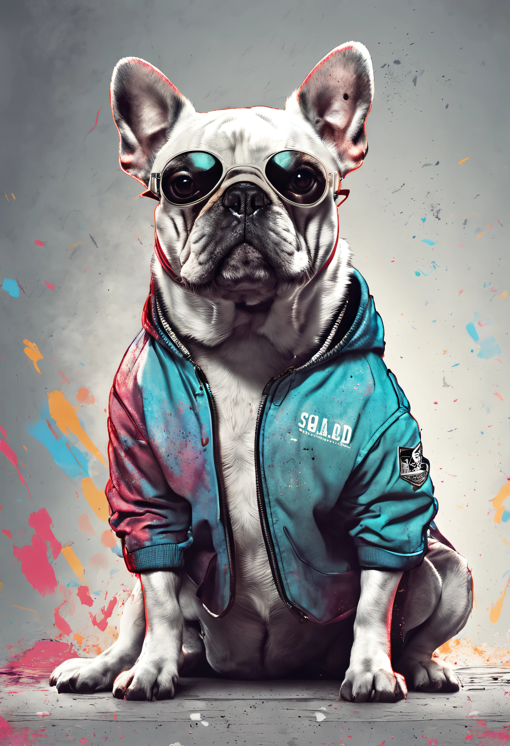 Perfect centering, A cute little french bull dog, Wear a student team jacket, Wearing sunglasses, Wearing headphones, cheerfulness, Standing position, Abstract beauty, Centered, Looking at the camera, Facing the camera, nearing perfection, Dynamic, Highly detailed,  smooth, Sharp focus, 8K, high definition resolution, illustration, Art by Carne Griffiths and Wadim Kashin, White background