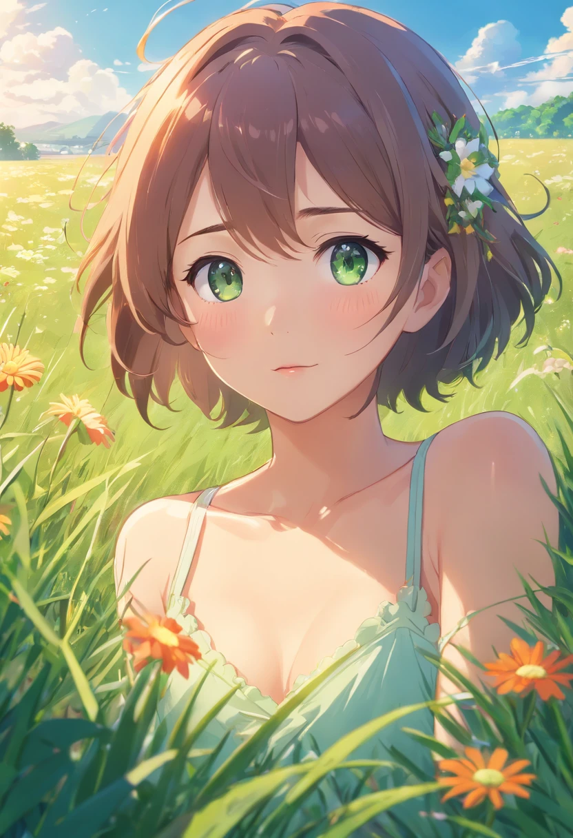 (highest resolution,best quality,4k,8k,highres,masterpiece:1.2),ultra-detailed,realistic,photorealistic,rouse lying in lingerie in a flower field,beautiful detailed eyes,beautiful detailed lips,extremely detailed eyes and face,long eyelashes,red-haired,lingerie,feminine,curly hair,flower crown,serene expression,lush green grass, vibrant colorful flowers,soft and dreamy lighting,romantic atmosphere.