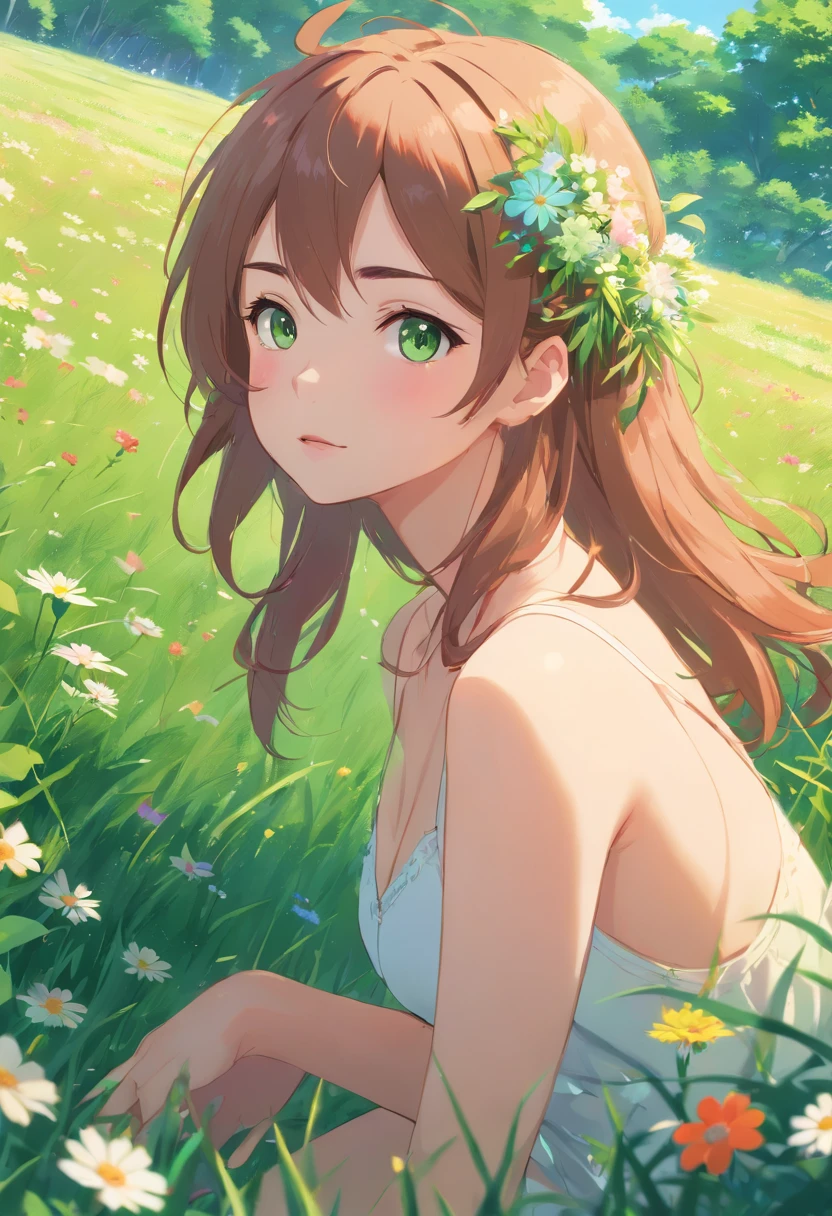 (highest resolution,best quality,4k,8k,highres,masterpiece:1.2),ultra-detailed,realistic,photorealistic,rouse lying in lingerie in a flower field,beautiful detailed eyes,beautiful detailed lips,extremely detailed eyes and face,long eyelashes,red-haired,lingerie,feminine,curly hair,flower crown,serene expression,lush green grass, vibrant colorful flowers,soft and dreamy lighting,romantic atmosphere.