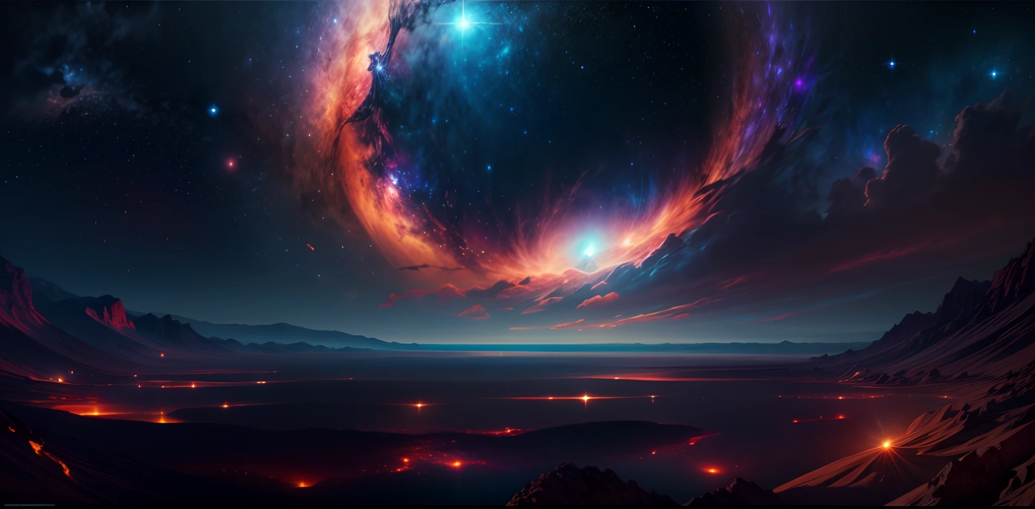 A wide shot of a black hole surrounded by a vast expanse of nebula. The scene is panoramic, capturing the breathtaking view of the cosmic phenomena. The image is of the highest quality, with a resolution of 4k, 8k or even higher (best quality, 4k, 8k, highres, masterpiece:1.2). The colors are vibrant and vivid, enhancing the awe-inspiring nature of the scene. The presence of the galaxy is emphasized [galaxy:1.1], creating a sense of depth and wonder. The background portrays a planetary landscape [planetary background:1.1], adding further interest to the composition. The image is in high definition (HD), ensuring clarity and detail in every aspect.