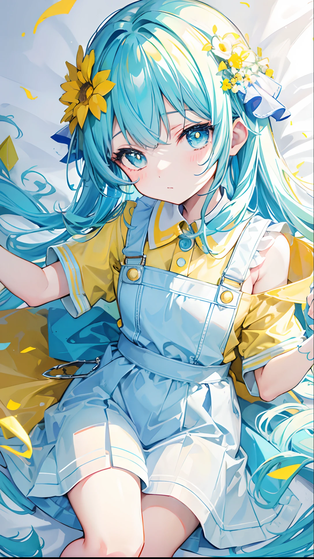 Glow: light bluish yellow，There is hair and pupils，Blue clothes, yellow and white，Sweet loli girl，Overall gloss