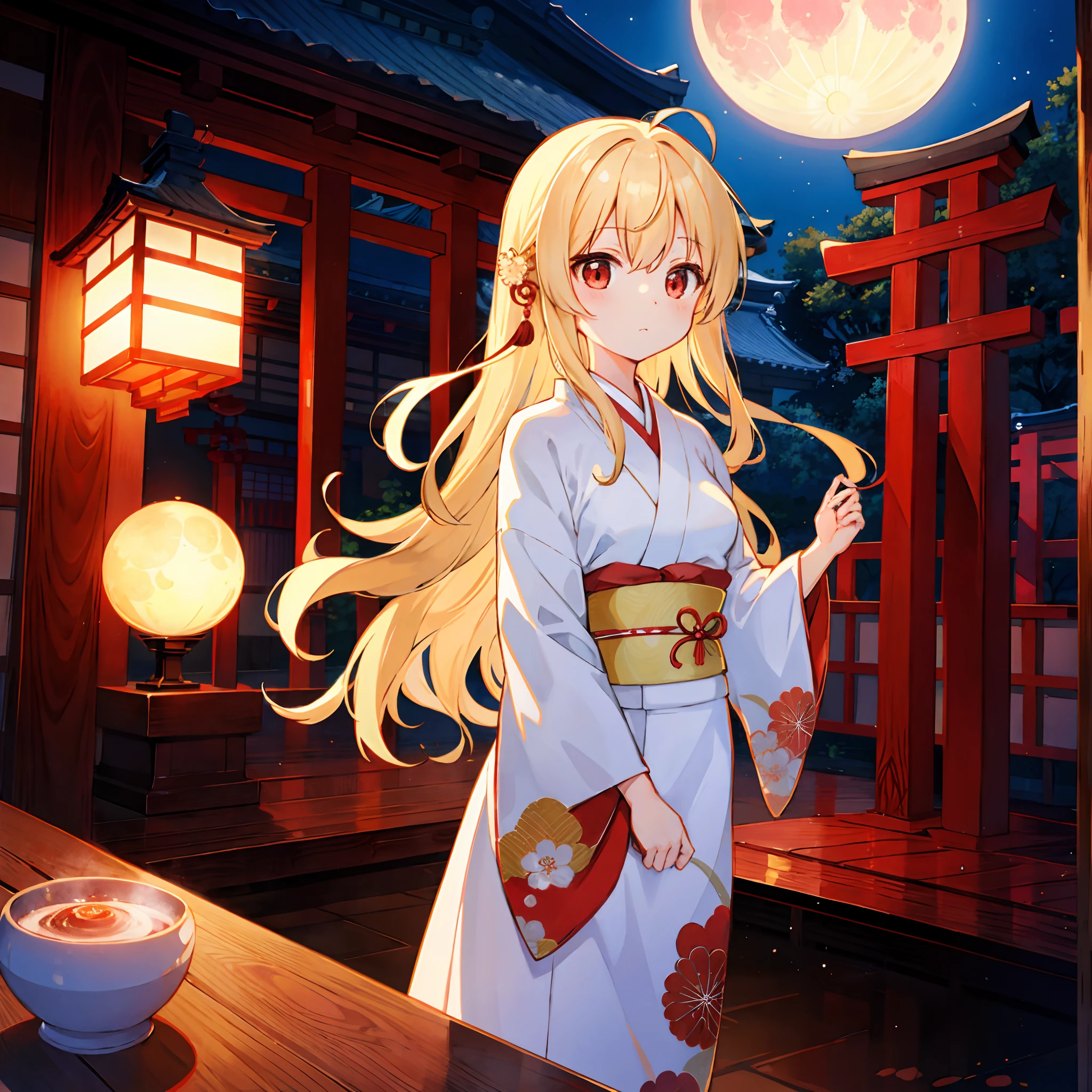 Wavy blonde、red eyes、One Beautiful Girl、kimono、traditional Japanese room、a moon、natta