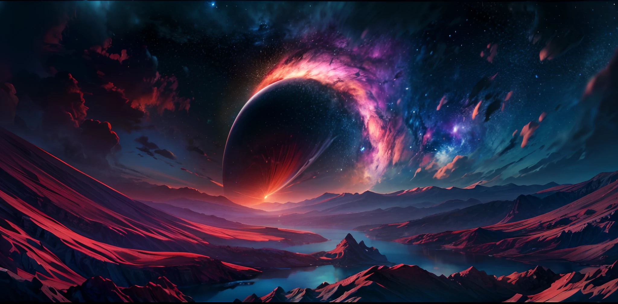 A wide shot of a black hole surrounded by a vast expanse of nebula. The scene is panoramic, capturing the breathtaking view of the cosmic phenomena. The image is of the highest quality, with a resolution of 4k, 8k or even higher (best quality, 4k, 8k, highres, masterpiece:1.2). The colors are vibrant and vivid, enhancing the awe-inspiring nature of the scene. The presence of the galaxy is emphasized [galaxy:1.1], creating a sense of depth and wonder. The background portrays a planetary landscape [planetary background:1.1], adding further interest to the composition. The image is in high definition (HD), ensuring clarity and detail in every aspect.