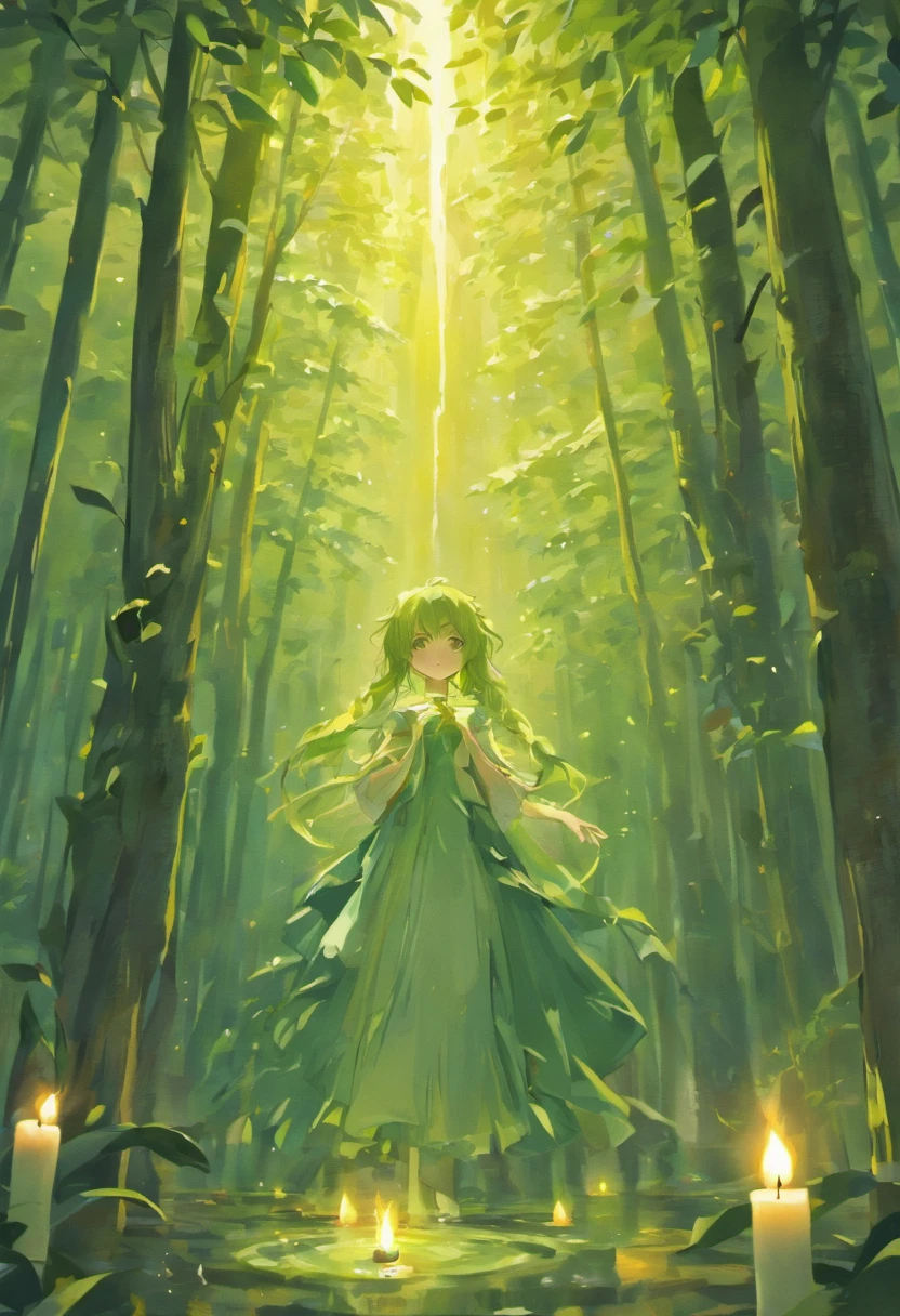 A painting of a woman in a green dress standing in a forest - SeaArt AI
