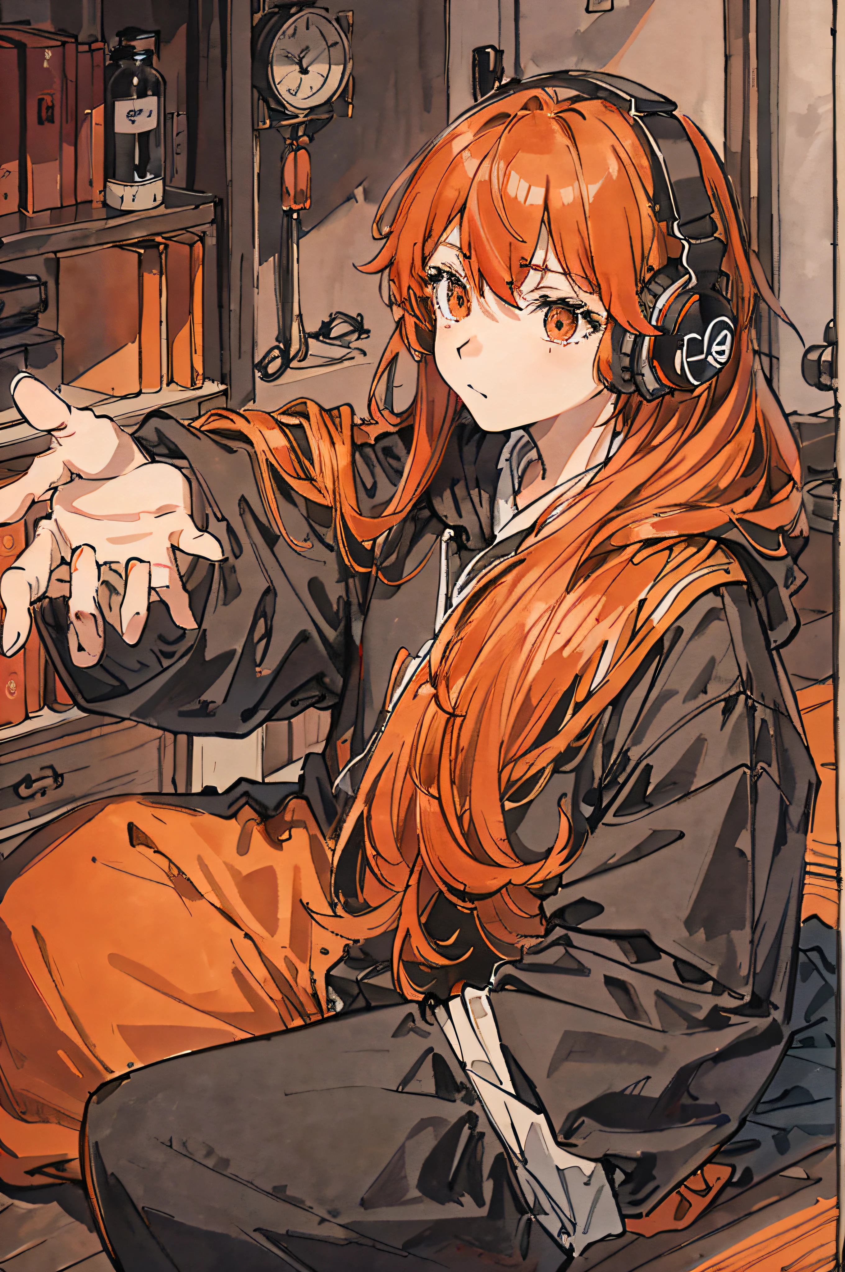 1girl in、bags、PC Room、from side、headphones、hoods、hood down、parka、jaket、Long、orange color hair、profile、redhair、独奏、The upper part of the body、masterpiece、top-quality
