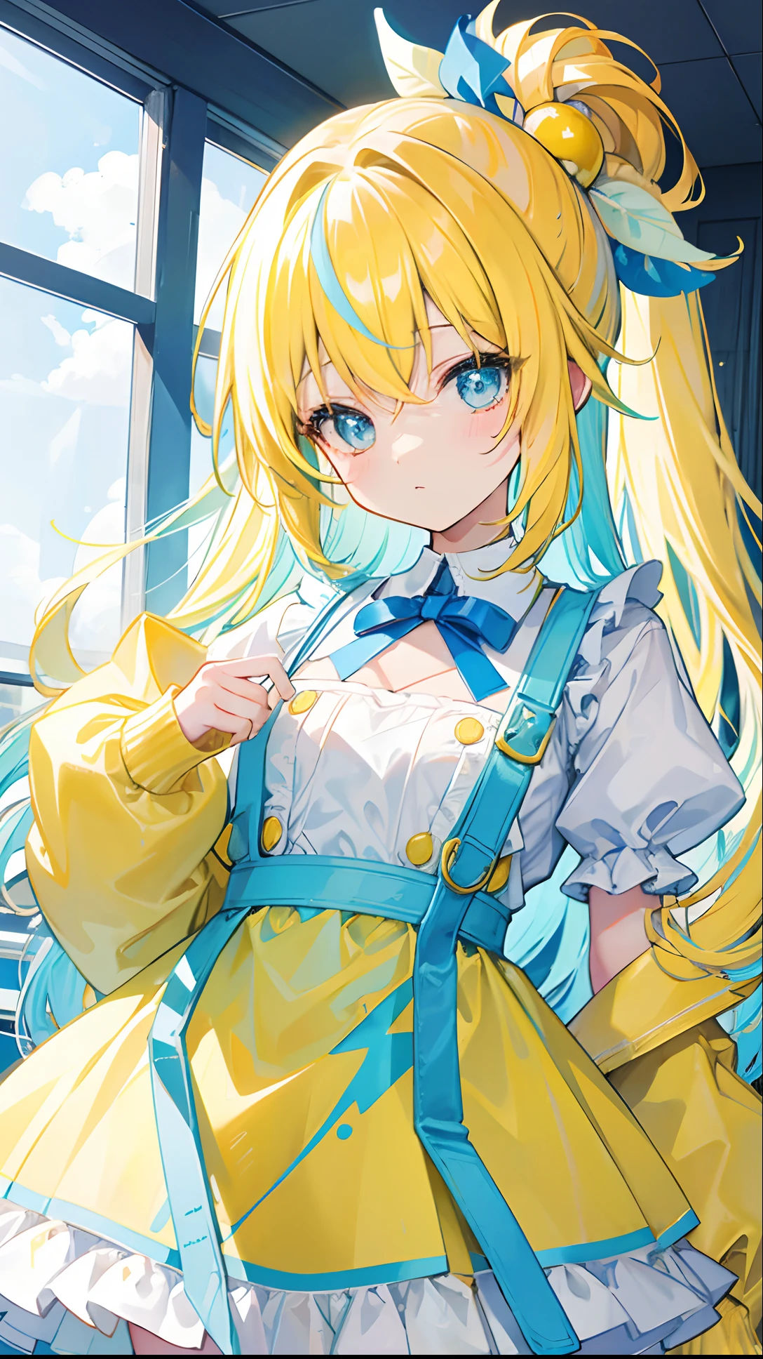 Glow: light bluish yellow,There is hair and pupils,Blue clothes, yellow and white,Sweet li girl,Overall gloss