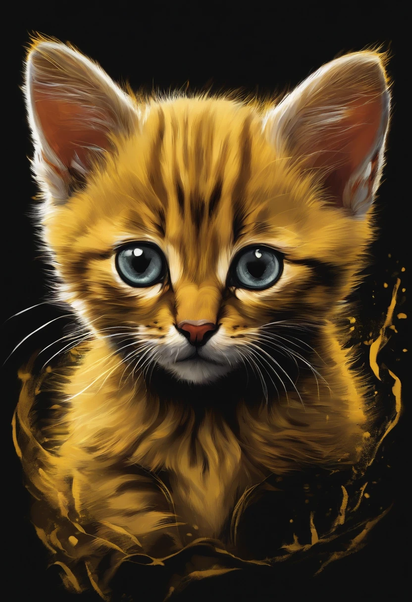 /Imagine Prompt: Yellow cat puppy illustration for a sticker with black background, en negrita, bordes dentados, Trashcore, sombreado claro --v 5.2