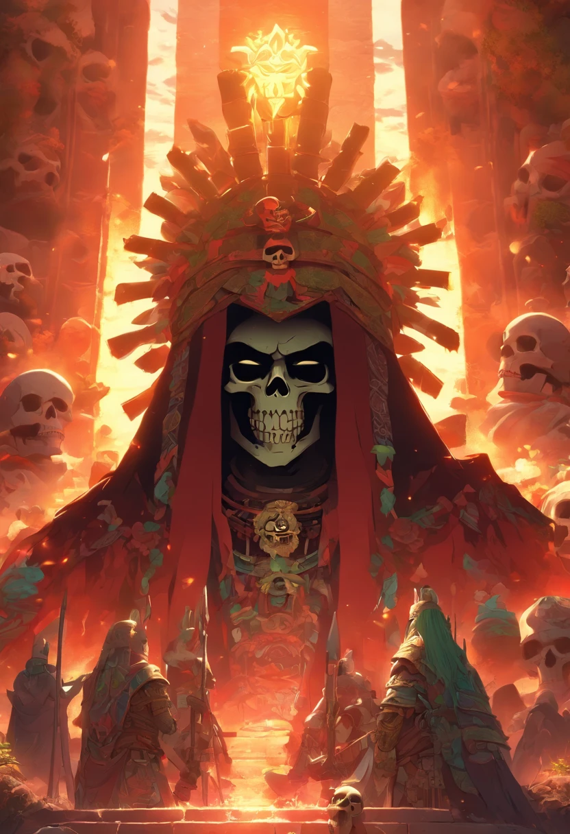(((Death God)))best quality, ultra-high resolution, 4K detailed CG, master piece,Hun-Camé,Xibalba, temple,Mayan clothing,Mayan mythology,cactus, stream, desert, sunlight,(( skull face)) Mexico, aesthetics, Beautiful image, centered on the screen