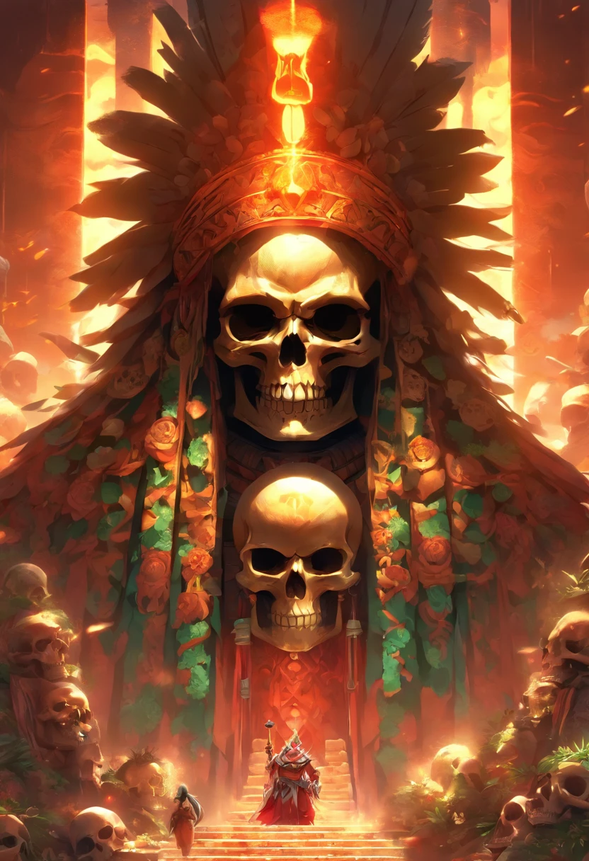 (((Death God)))best quality, ultra-high resolution, 4K detailed CG, master piece,Hun-Camé,Xibalba, temple,Mayan clothing,Mayan mythology,cactus, stream, desert, sunlight,(( skull face)) Mexico, aesthetics, Beautiful image, centered on the screen