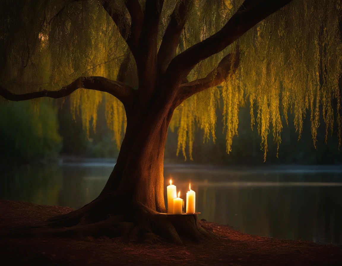 Nature, Willow Tree, magic, candle lights, Mysterious atmosphere, Maximum Quality, Nature, Without people, Weeping Willow, Detailed Leaves, There are no people