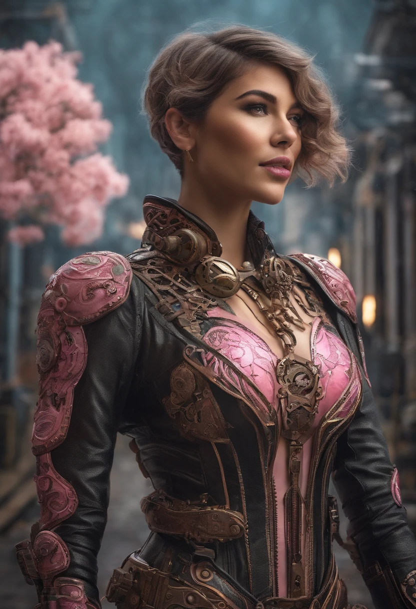 Full body, hyper realistic, view angle from the sky, ultra detailed full body shot of woman pink short hair, cyberpunk, in Night City, Ultra perfectly detailed, around road sakura trees, Cyberpunk theme, black jacket, white top, black pants, black boots, high-future vibes, head to toe image, depth of field, hyper detailed gorgeous face, natural body posture, trending on Artstation, 64k, ultra detailed, ultra accurate detailed, surrealism, ultra unreal engine, epic