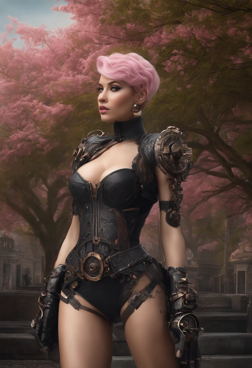 Full body, hyper realistic, view angle from the sky, ultra detailed full body shot of woman pink short hair, cyberpunk, in Night City, Ultra perfectly detailed, around road sakura trees, Cyberpunk theme, black jacket, white top, black pants, black boots, high-future vibes, head to toe image, depth of field, hyper detailed gorgeous face, natural body posture, trending on Artstation, 64k, ultra detailed, ultra accurate detailed, surrealism, ultra unreal engine, epic