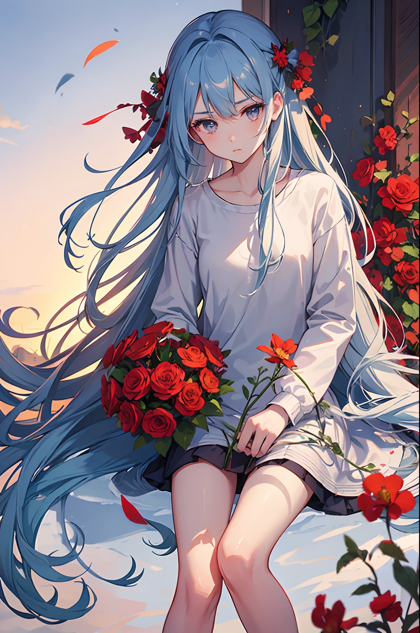 1girl, long hair, blue hair, gray eyes, forehead, long white shirt, bare legs, red flowers, field of red flowers, sadness