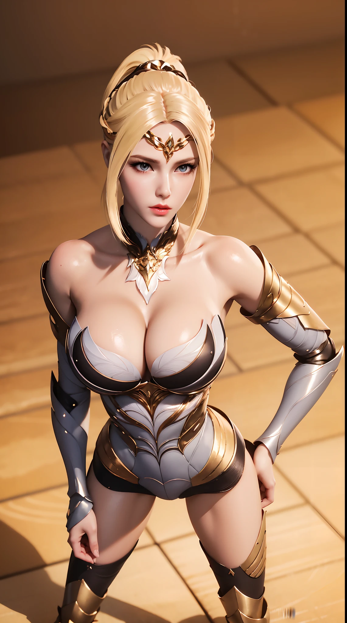 A MATURE WOMAN, BLONDE PONYTAIL, HUGE FAKE BOOBS, (BEAUTIFUL FACE), KNIGHT ARMOR BODY, GLOVE, BREASTSPLATE, JACKET, (CLEAVAGE), (SKINTIGHT YOGA PANTS), (KNIGHT BOOTS), (PERFECT BODY:1.2), (FULL BODY VIEW), LOOKING AT VIEWER, (STANDING:1), SEXY BODY, MUSCLE ABS, UHD, 8K, 1080P.