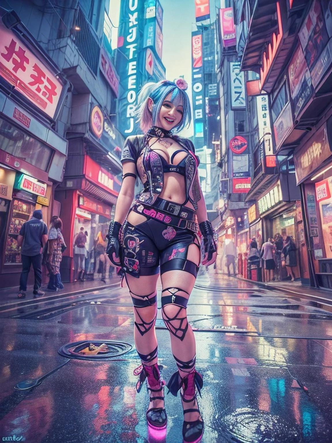 ((Jinx is dressed in a Harajuku Tech costume), (fisheyelens), self-shot, Cowboy shot, Wind, Messy hair, cyberpunk city landscape, (Aesthetics and atmosphere:1.2),Smiling, Laughing，wide wide shot