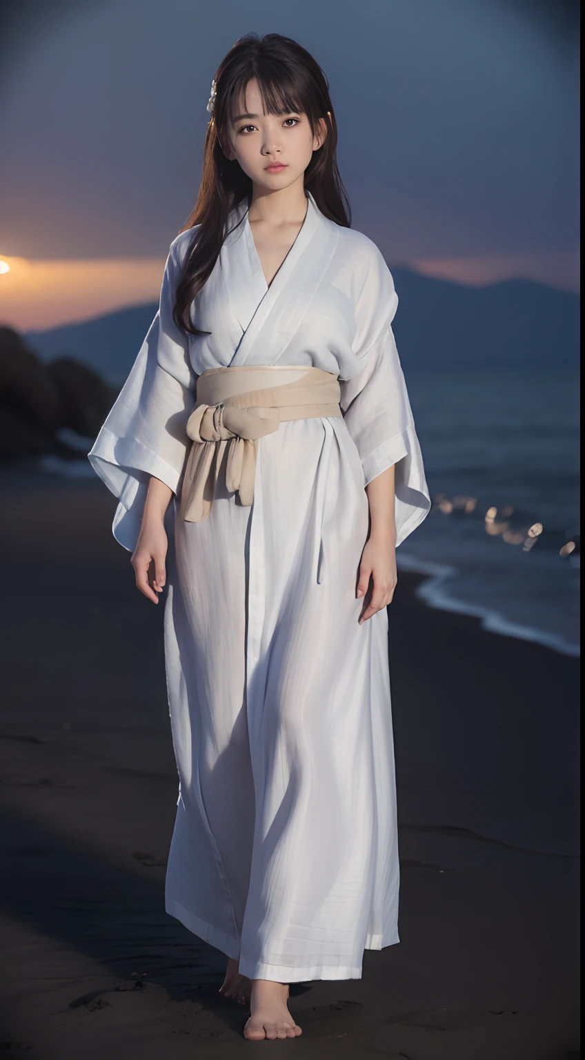 ((Best quality, 8K, Masterpiece :1.3)), Sharp focus:1.2 ， Photorealsitic，(Cinematic lighting)，Facial detail texture. Eye details. Double eyelids, Slender body. Super small breasts, -yeld gi photo-realistic:1.37，Perfect eyes, ((1 Girl in a white yukata))，（white sash），(Ultra-thin fabric)，((Ragged linen))，With a petite figure，brunette color hair，Long hair draped loosely，Qi bangs，Stand in the snow，The barefoot，Full body like，Clothing covers the whole body，folds，((solid color backdrop))，is shy，Be red in the face