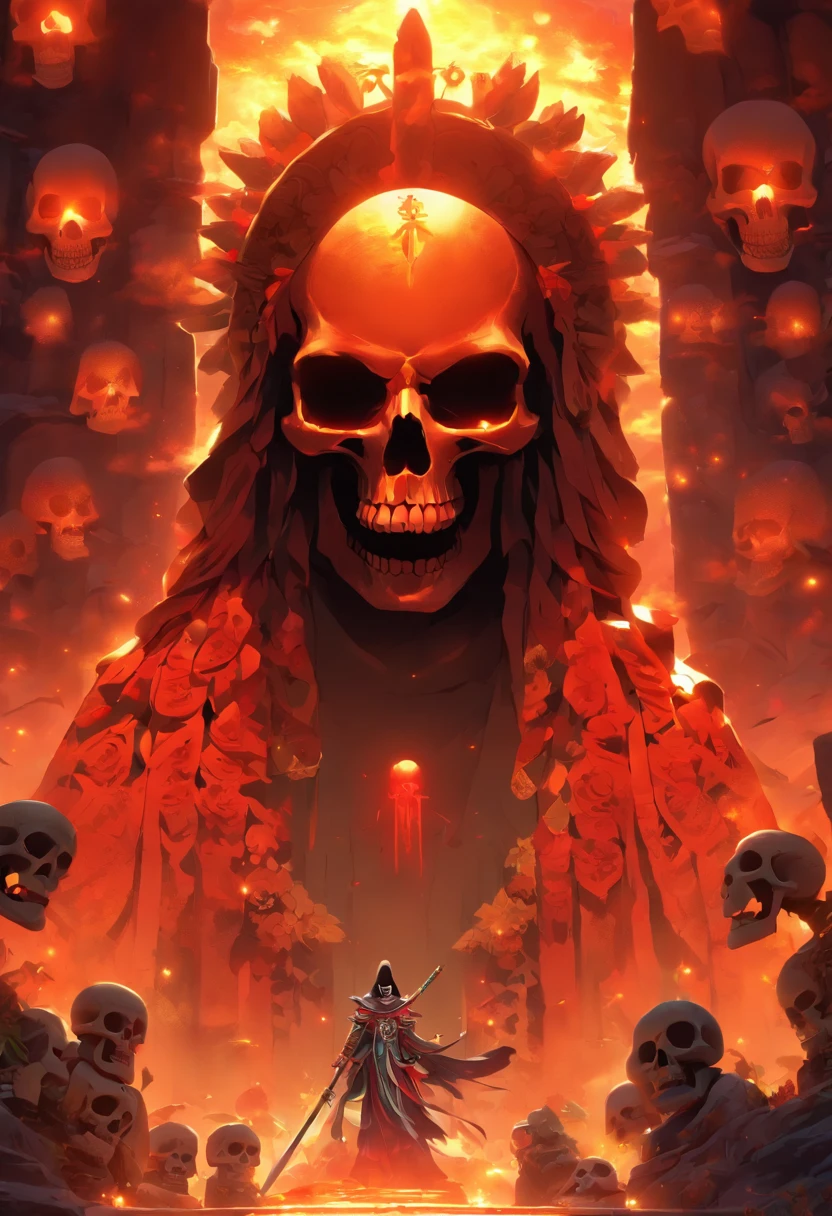 (((Death God)))best quality, ultra-high resolution, 4K detailed CG, master piece,Hun-Camé,Xibalba, temple,Mayan clothing,Mayan mythology,cactus, stream, desert, sunlight,(( skull face)) Mexico, aesthetics, Beautiful image, centered on the screen