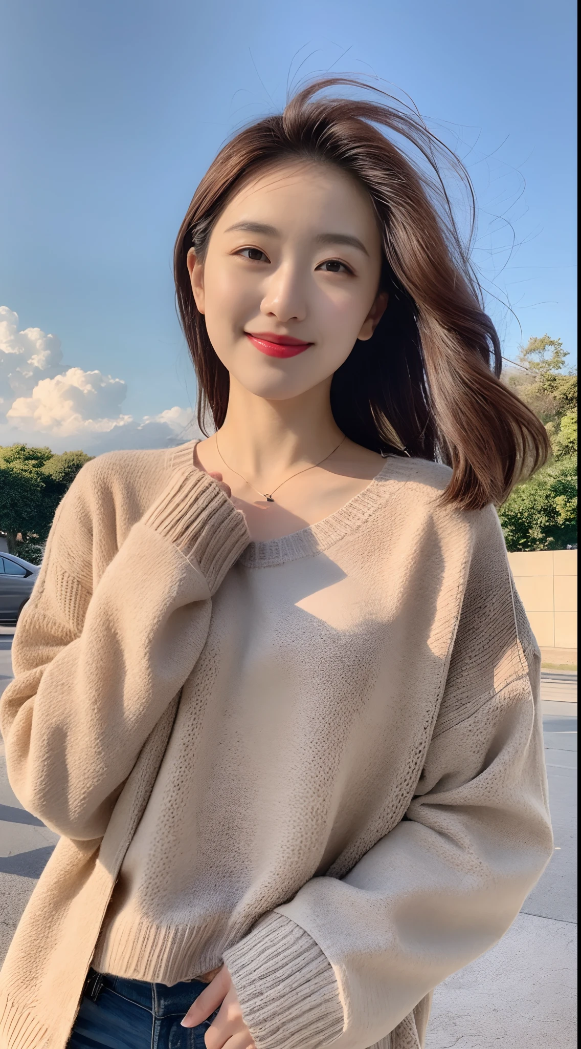 grey sweater，Burgundy leather coat，Gray hair，Lime juice，lime，Sunny with blue sky，Beautiful cloud