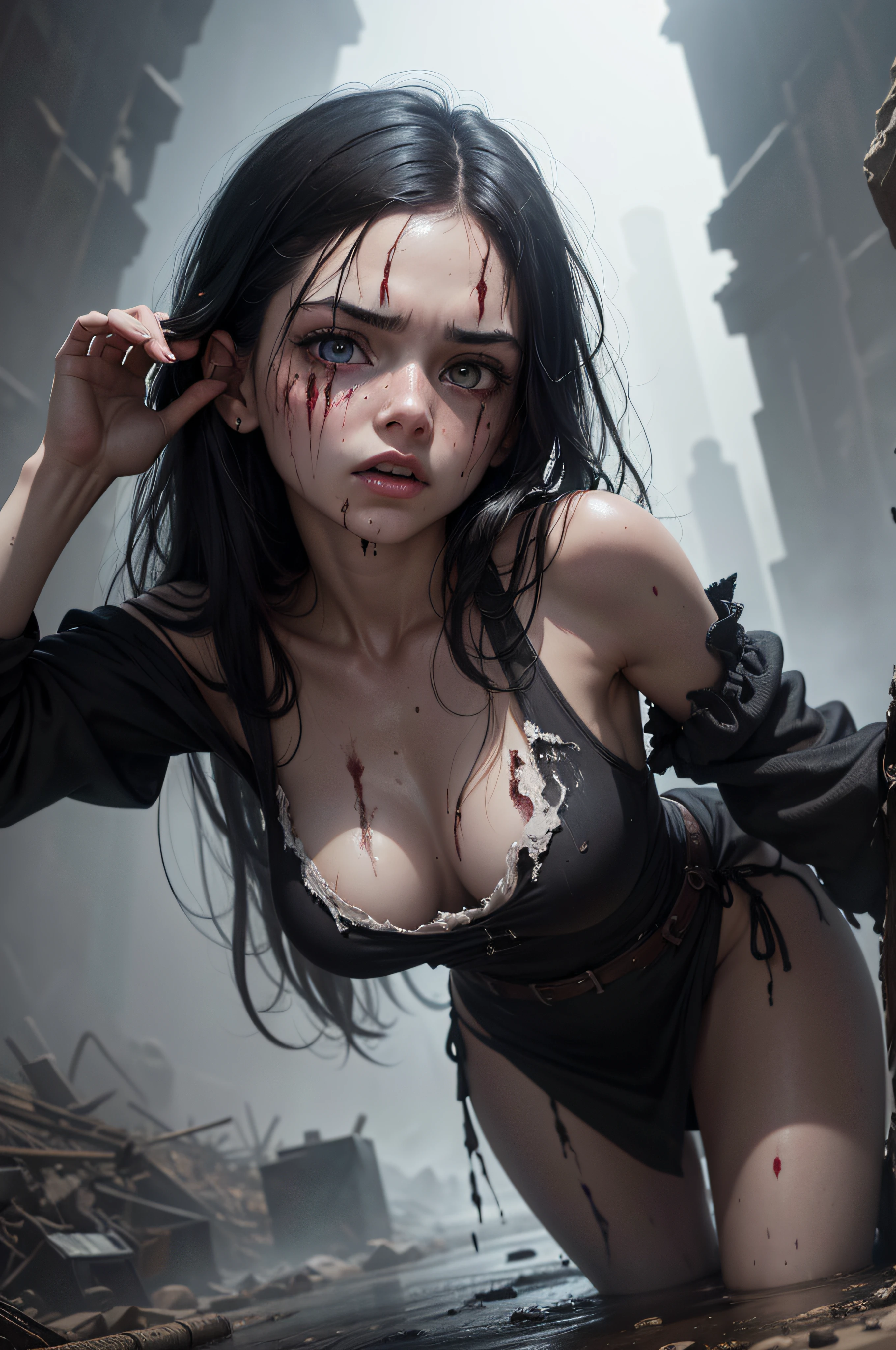 Close up of a dead girl climbing out of a hole in the ground with bloodied body, 19 years old, palid skin, black hair, whitish and bulging eyes, angry expression, bloody puddle, bloody dress, filthy torn dress, filthy dark basement full of garbage, darkness, fog, mist, creepy, UHD, high details, best quality, highres, 8k