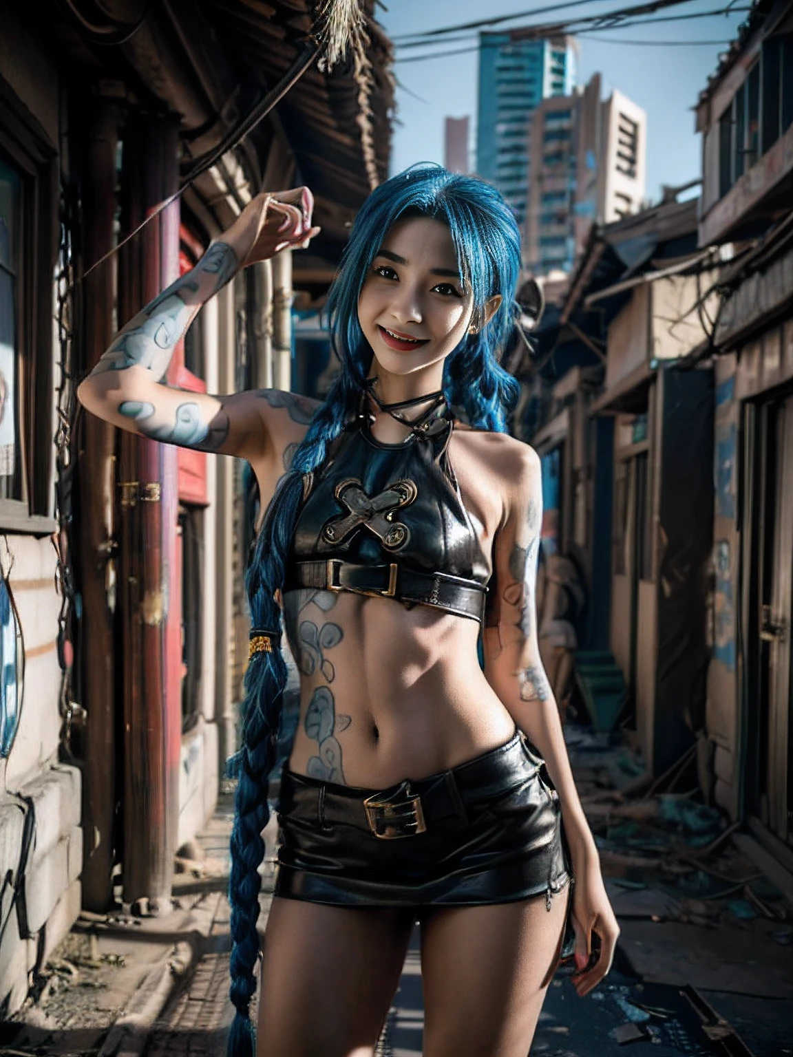 jinx, smirk,, (acclaimed, alluring, captivating, exciting, gorgeous, striking:1.3), flirting with camera, closeups cleavage, slutty, adult photo, transparent dress, nsfw