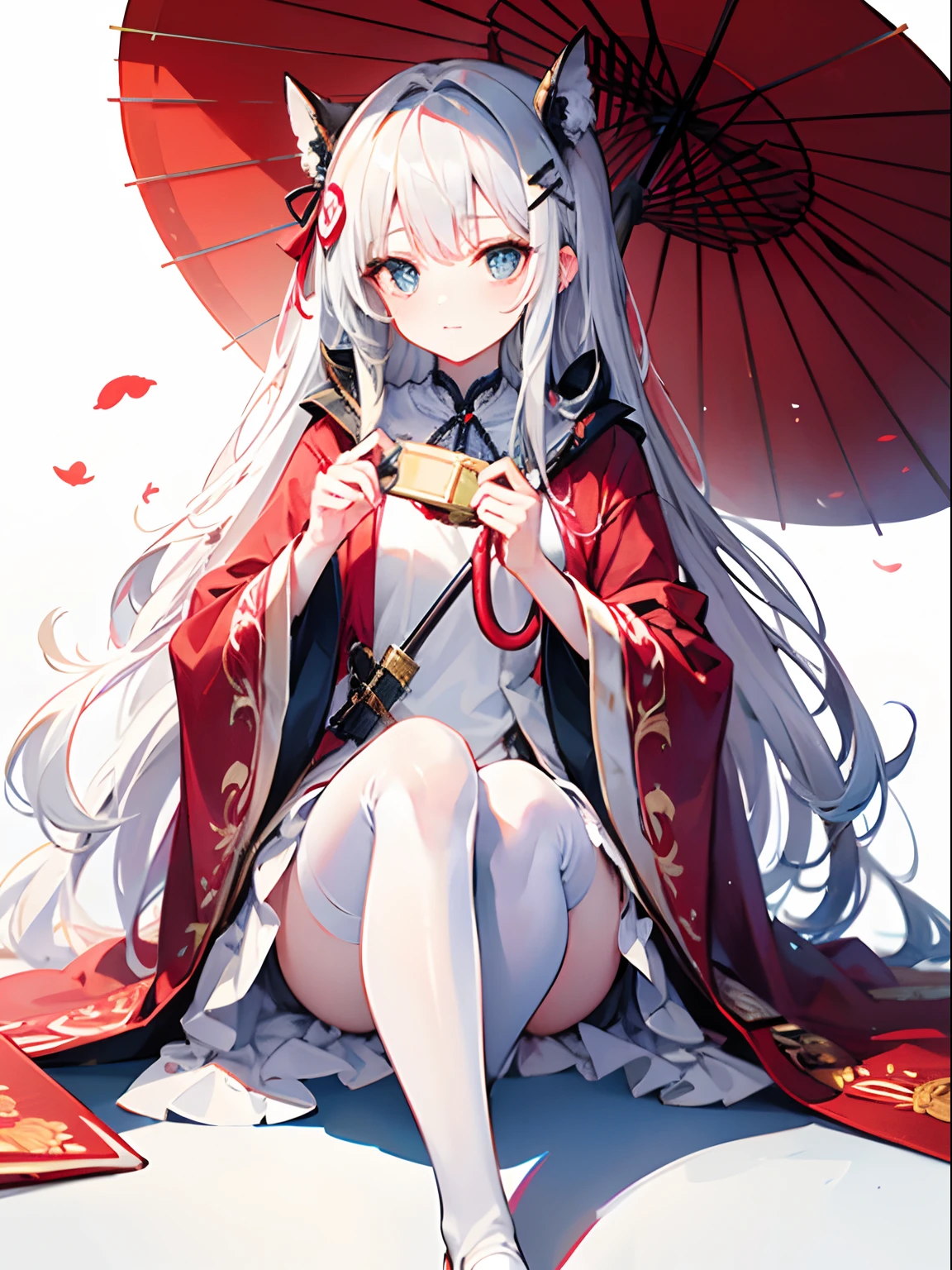 A cute and cute girl,Long white hair,Has reddish pupils,He wears a pale red antique robe,There is a white pattern on the clothes,Wearing white stockings,There are silver hairpins on the head,Holding a white oil-paper umbrella