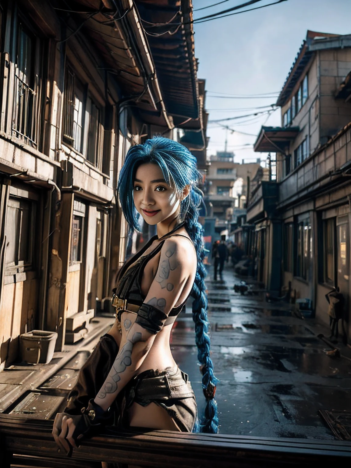 (（（best qualtiy）），（（tmasterpiece）），（The is very detailed：1.3），。.。.。.。.。.3D，Mystery style，In the dark and resilient dystopian city of Piertofer，Plagued by violence and split into two opposing factions，A young child prodigy named Jinx appears。After enduring unimaginable losses and abandonment，She embraced a life of chaos and destruction。Jinx is known for his creative and explosive abilities，Become an idol against the oppressive forces that control the city。Sin embargo，She is haunted by guilt and inner demons，She must face her past，And decided to continue on the path of anarchy，Or seek salvation in the midst of turmoil。Explore the journey of Jinx，She sails through a dangerous world，Fight for survival，Uncovering Secrets，And discover the true meaning of her distorted existence，Chaos reigns supreme，And at the heart of it all is Jinx，The embodiment of unpredictability。Delve into Jinx's twisted mind，exploring the origins of her madness and the driving force behind her destructive nature。Uncover the moments that molded her into the crazy and iconic character we know。Take us on a wild journey，Travel through the vibrant streets of Piertover and the gloomy hinterland of Zaun，Jinx wreaks havoc with her explosive arsenal。Can salvation enter Jinx's broken soul？Or will she always dance on the edge of sanity，Embrace the chaos that drives her existence？The fate of Arcane hangs in the balance，Because Jinx's path is intertwined with unlikely allies and formidable enemies。Ignite your imagination，A vivid portrait depicting Jinx's twisted mind，Capture the essence of her madness and the spirit that defines her，hdr（HighDynamicRange），Ray traching，NVIDIA RTX，Hyper-Resolution，Unreal 5，sub surface scattering，PBR textures，Post-processing，Anisotropy Filtering，depth of fields，Maximum clarity and sharpness，Many-Layer Textures，Albedo e mapas Speculares，Surface coloring，Precise simulation of light-material interactions，perfectly proportions), (fisheyelens), self-shot, Cowboy shot, Wind, Messy hair, cyberpunk city landscape, (Aesthetics and atmosphere:1.2),Smiling, Laughing，(fisheyelens), self-shot, Cowboy shot, Wind, Messy hair, cyberpunk city landscape, (Aesthetics and atmosphere:1.2),Smiling, Laughing，wide wide shot.  A dystopian world in the background, Photorealistic, 4K, Cyberpunk