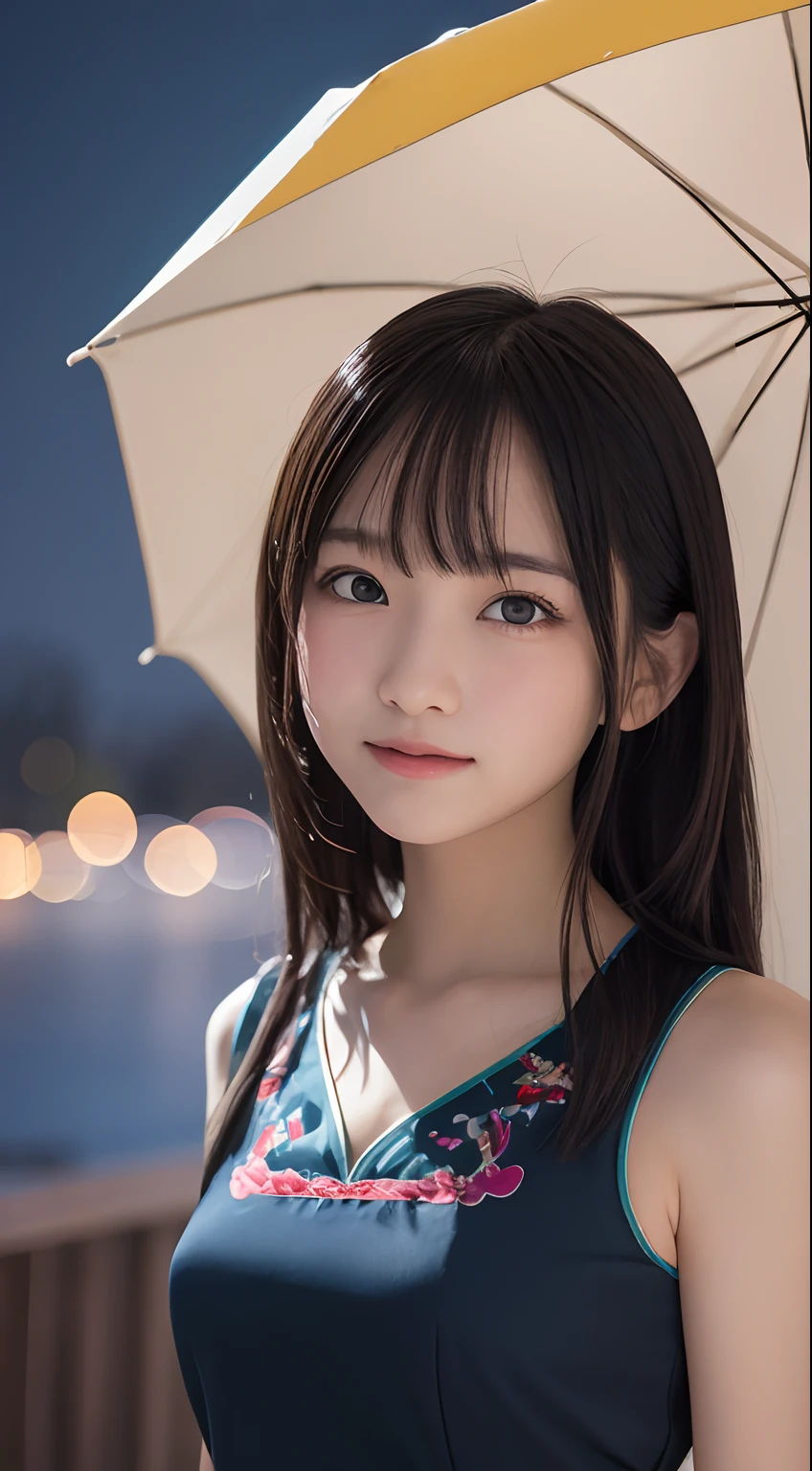 masutepiece, Best Quality, 8K, 10yaers old, Teen, Raw photo, absurderes, award winning portrait, Smile, Solo, (Night:1.8), Idol face, violaceaess, Delicate girl, Upper body, Digital SLR, Looking at Viewer, Candid, Sophisticated,Thin arms, Professional Lighting, Film grain, chromatic abberation, (Eyes and faces with detailed:1.0), (Bokeh:1.1) , (qipao dress:1.1) , closes mouth