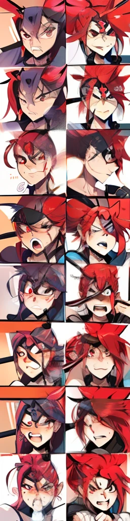 16 portraits from head to chest, various expressions, for games, such as happy, angry, embarrassed, laughing, shocked and others, girl, game character, guilty gear, baiken, red hair, ponytail, red eyes, wearing black eye patch on the right