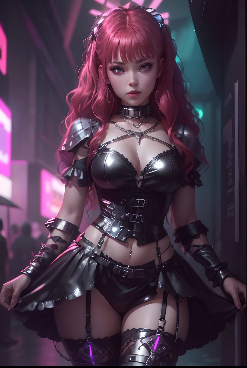 1girk, shimmering metallic silver miniskirt,, shimmering metallic silver corset, neon lighting, cyberpunk, midriff, red hair