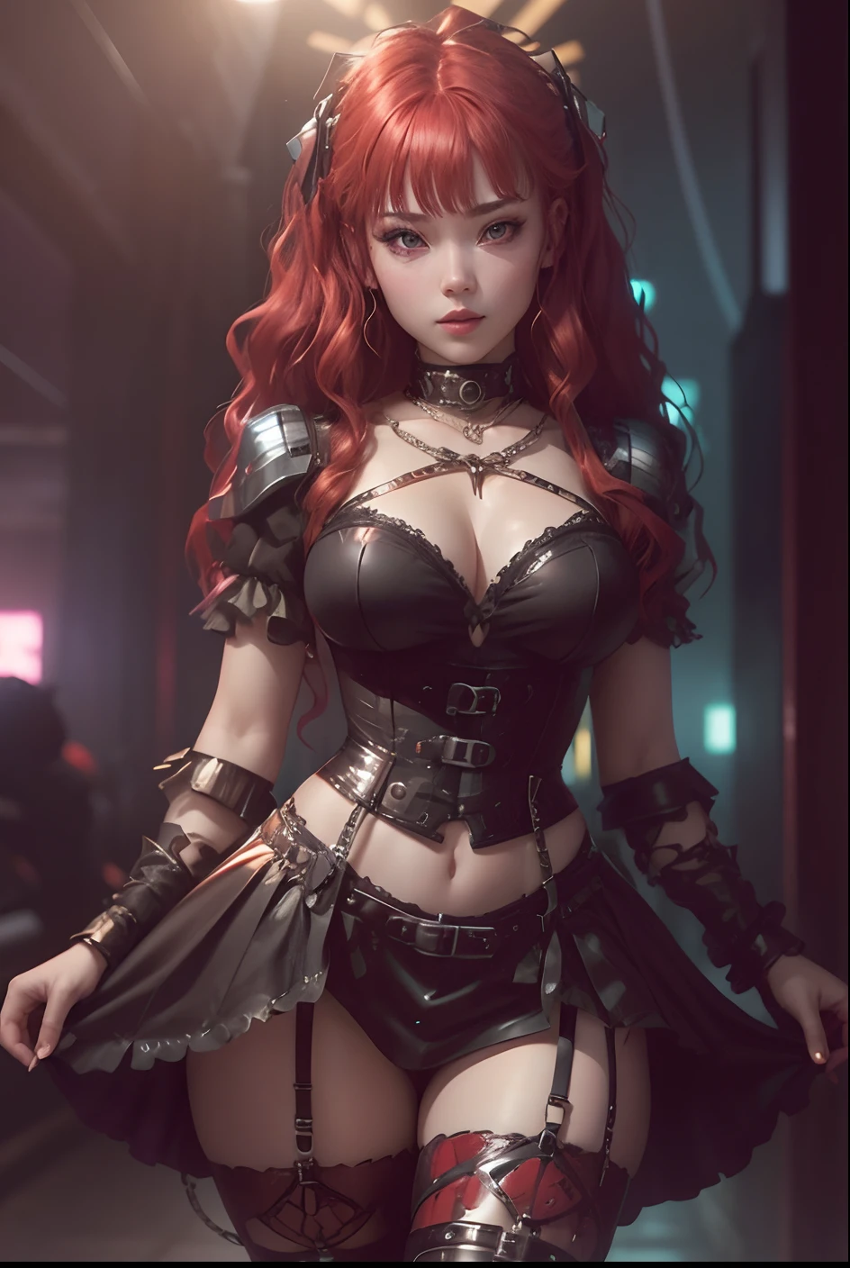 1girk, shimmering metallic cloth miniskirt,, shimmering metallic cloth corset, cyberpunk, midriff, red hair