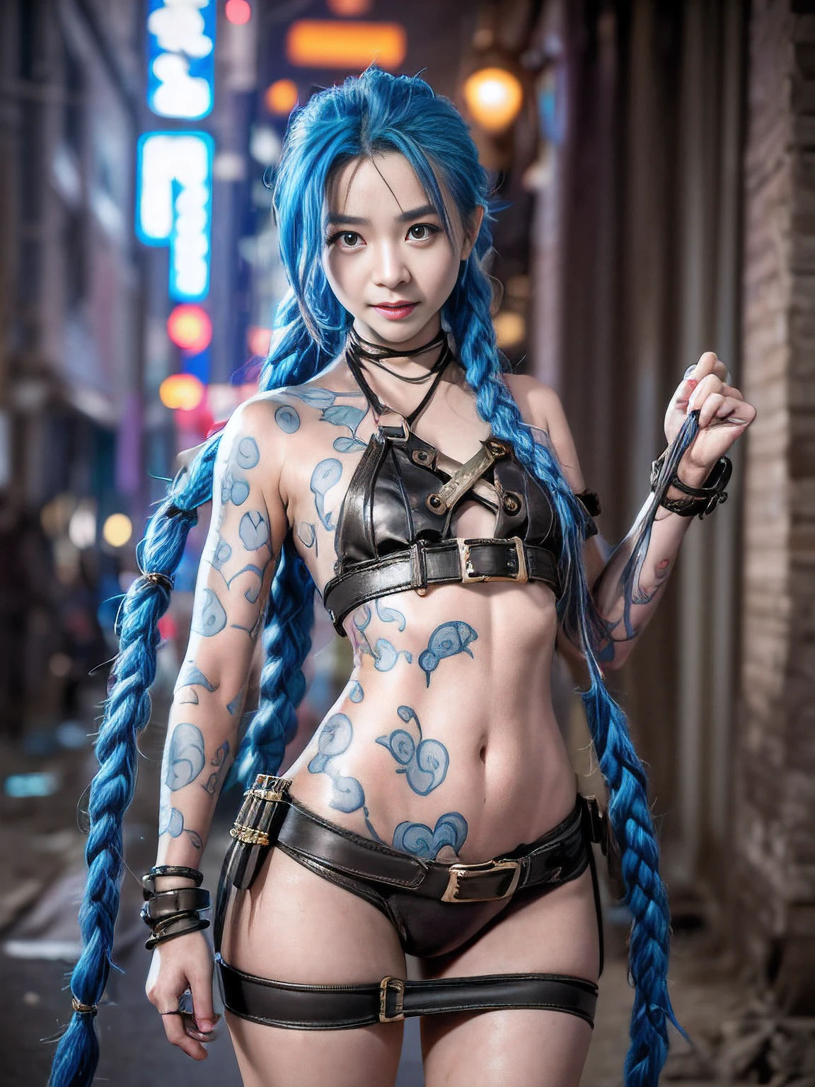 (((best qualtiy)),((tmasterpiece)),(The is very detailed:1.3),。.。.。.。.。.3D,Mystery style,In the dark and resilient dystopian city of Piertofer,Plagued by violence and split into two opposing factions,A young child prodigy named Jinx appears。After enduring unimaginable losses and abandonment,She embraced a life of chaos and destruction。Jinx is known for his creative and explosive abilities,Become an idol against the oppressive forces that control the city。Sin embargo,She is haunted by guilt and inner demons,She must face her past,And decided to continue on the path of anarchy,Or seek salvation in the midst of turmoil。Explore the journey of Jinx,She sails through a dangerous world,Fight for survival,Uncovering Secrets,And discover the true meaning of her distorted existence,Chaos reigns supreme,And at the heart of it all is Jinx,The embodiment of unpredictability。Delve into Jinx's twisted mind,exploring the origins of her madness and the driving force behind her destructive nature。Uncover the moments that molded her into the crazy and iconic character we know。Take us on a wild journey,Travel through the vibrant streets of Piertover and the gloomy hinterland of Zaun,Jinx wreaks havoc with her explosive arsenal。Can salvation enter Jinx's broken soul?Or will she always dance on the edge of sanity,Embrace the chaos that drives her existence?The fate of Arcane hangs in the balance,Because Jinx's path is intertwined with unlikely allies and formidable enemies。Ignite your imagination,A vivid portrait depicting Jinx's twisted mind,Capture the essence of her madness and the spirit that defines her,hdr(HighDynamicRange),Ray traching,NVIDIA RTX,Hyper-Resolution,Unreal 5,sub surface scattering,PBR textures,Post-processing,Anisotropy Filtering,depth of fields,Maximum clarity and sharpness,Many-Layer Textures,Albedo e mapas Speculares,Surface coloring,Precise simulation of light-material interactions,perfectly proportions), (fisheyelens), self-shot, Cowboy shot, Wind, Messy hair, cyberpunk city landscape, (Aesthetics and atmosphere:1.2),Smiling, Laughing,(fisheyelens), self-shot, Cowboy shot, Wind, Messy hair, cyberpunk city landscape, (Aesthetics and atmosphere:1.2),Smiling, Laughing,wide wide shot. A dystopian world in the background, Photorealistic, 4K, Cyberpunk