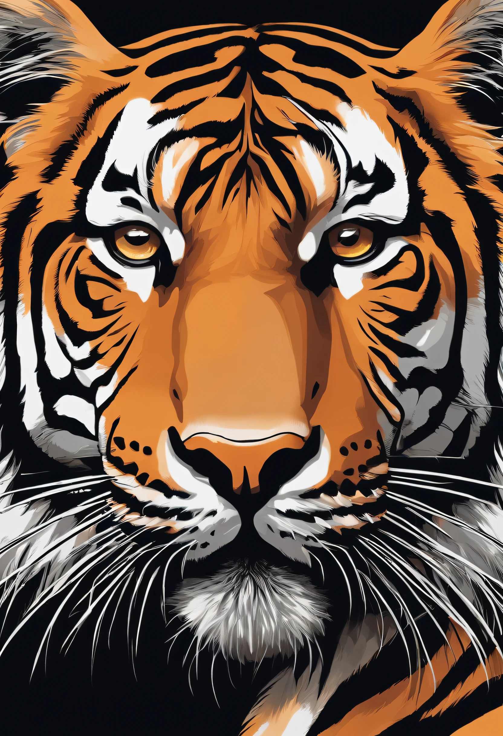/Imagine Prompt: Illustration of a tiger's face for a sticker with black background, en negrita, bordes dentados, Trashcore, sombreado claro --v 5.2
