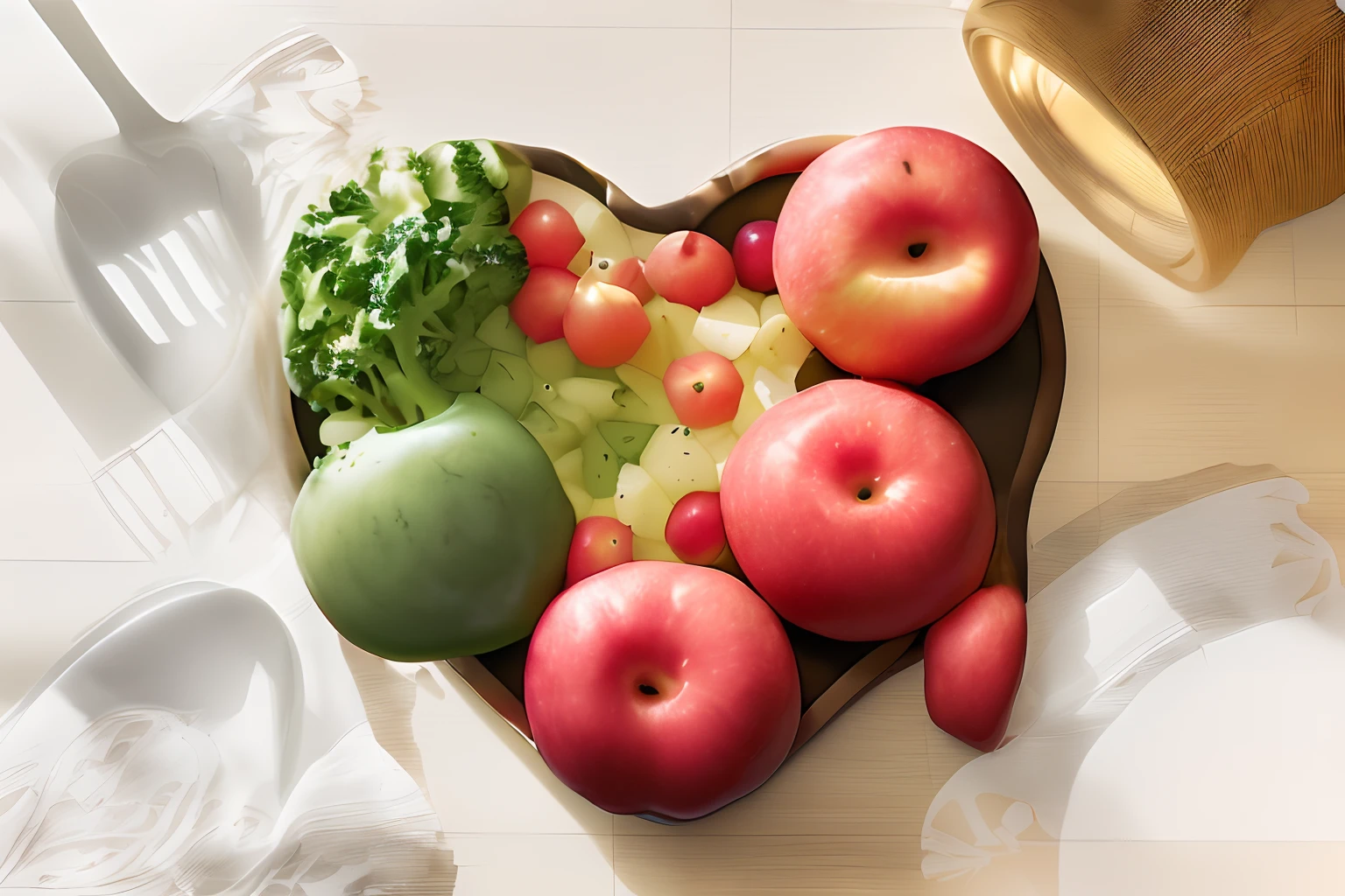 Heart-shaped tray full of apples, uvas, broccoli, bananas, laranjas, batatas sendo levada a uma mesa. Not showing the person's entire body, Hands only. Imagem realista, with advertising-style lighting and visual composition.