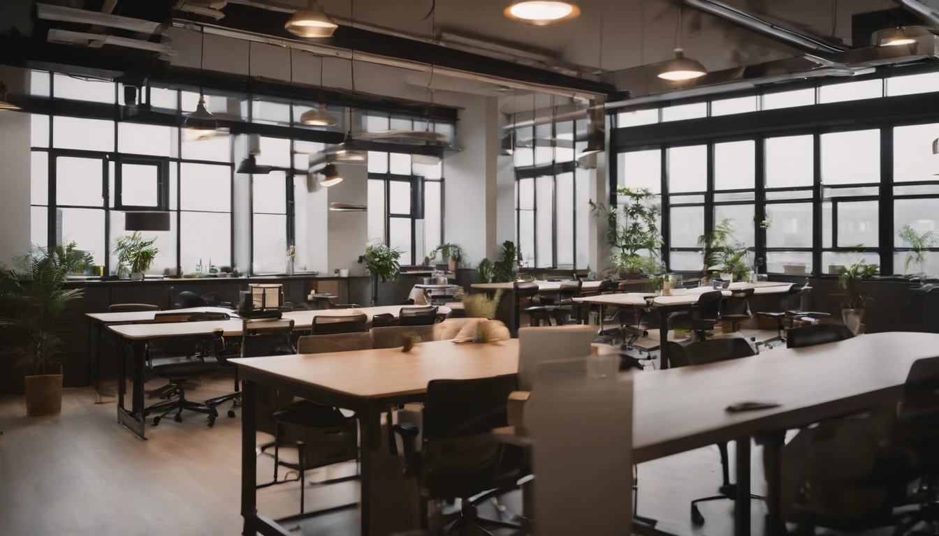 Room with table and chairs、There is a sign that says open, Open Office, in a open-space working space, blog-photo, big desk, Busy Room, Office/second-hand shop/Social Hall, big open floor 8 k, けもの, 8k --height 768, materia, throughout the room