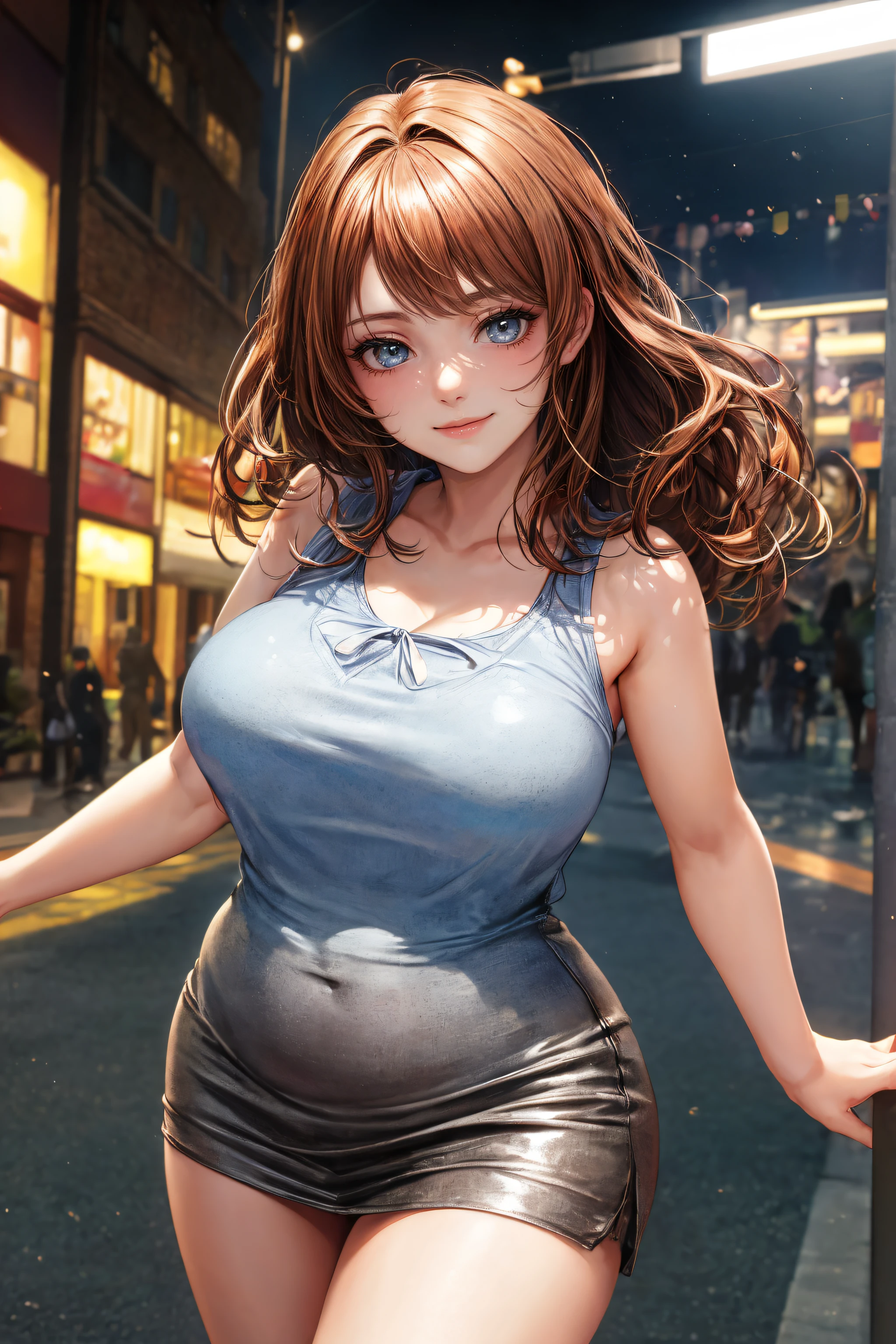((gift, Cute and beautiful woman changing underwear)), ((22 year old beauty)), ((embarrassed smile)), ((juicy long hair)), ((voluptuous bust,)), ((shapely thighs)), ((toned legs)), ((mini skirt)), ((Gradient eyes)), ((In the background there is a night view of the city.)), Eye-catching makeup, A kind , NFFSV, UHigh Definition, retina, Masterpiece, necessary, anatomical, scientifically correct, textured skin, super detailed, high detail, high quality, awarded, Superior quality, high resolution, 1080P, High Definition, 4k, 8k , 16k