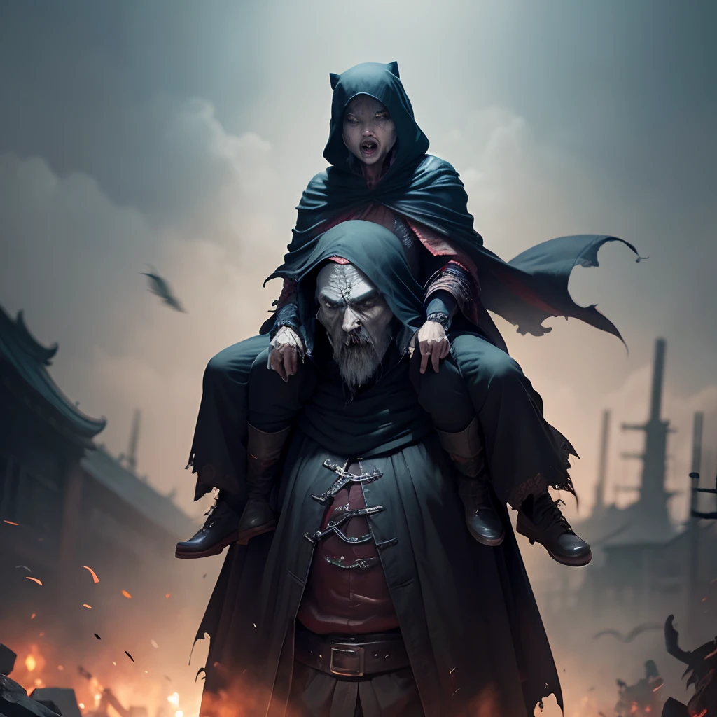 A bald middle-aged man wearing a cloak,Wear a cape on his head,Ride on zombies(Chinese_Qing_zombi:1.3)On the shoulders,The zombie's face is dry,Open-mouthed,Claws,Depict facial details in detail,super-fine,hyper HD