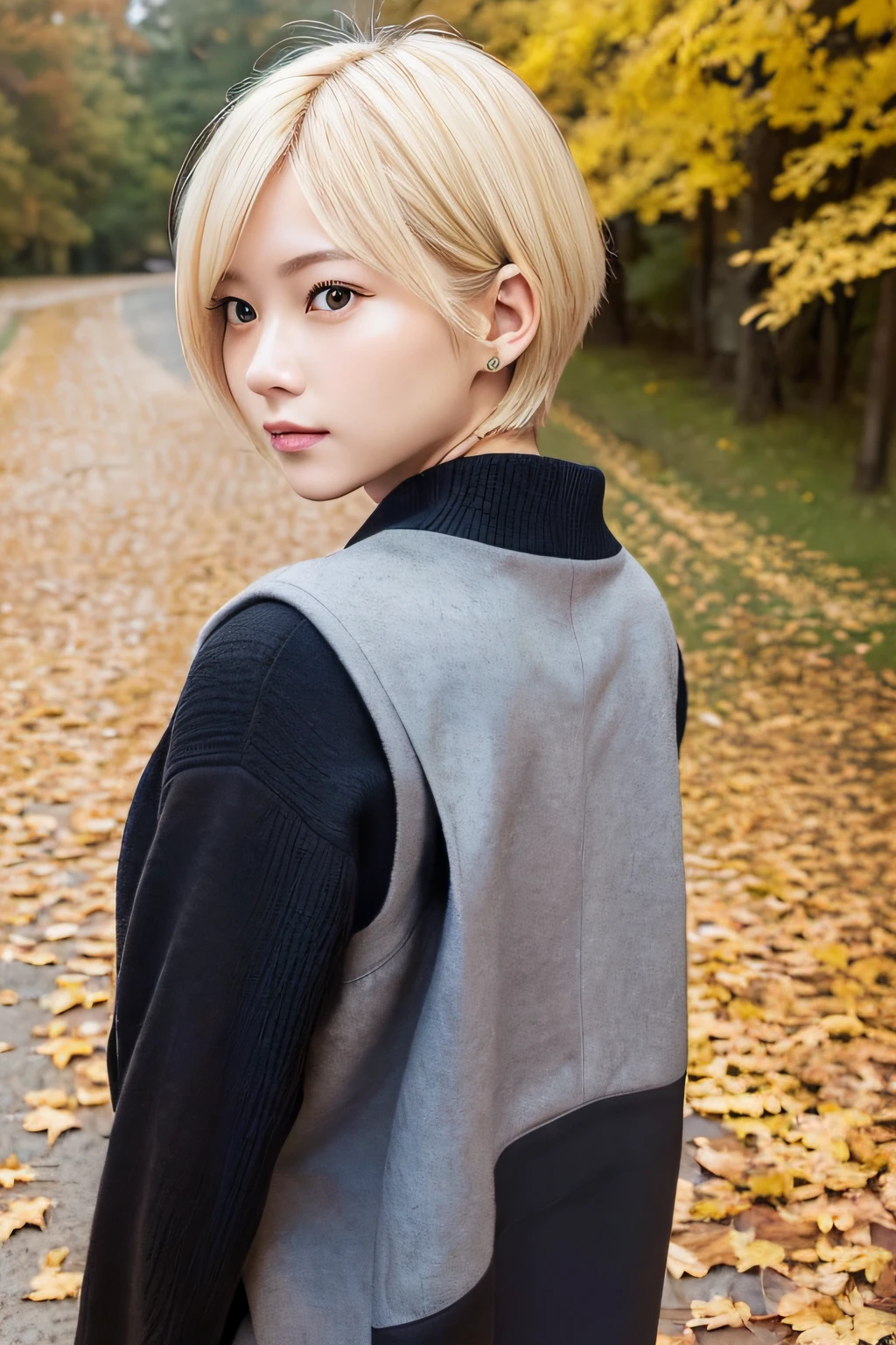 (Oil Painting, masutepiece, Best Quality, ultra-detailliert, Focus on character), short blonde hair, ([Back:0.8]|[ Backward face:1.1]), Serious face, ([Cold Scenario:1.2]|[ Autumn background:1.3]| [High contrast:1.1]) ,Walk along the path