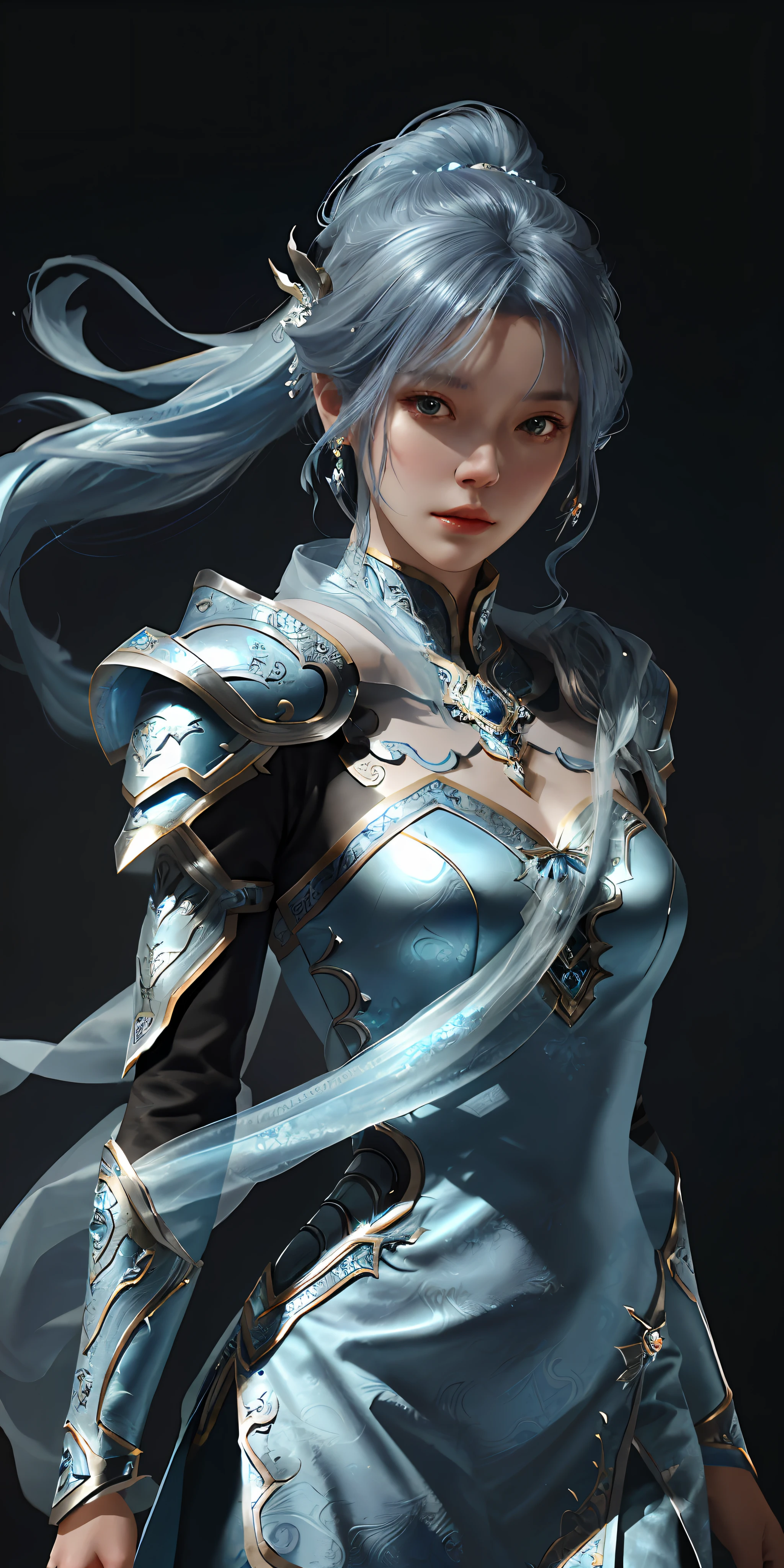 a close up of a woman in a silver and blue dress, chengwei pan on artstation, by Yang J, detailed fantasy art, stunning character art, fanart best artstation, epic exquisite character art, beautiful armor, extremely detailed artgerm, detailed digital anime art, artgerm on artstation pixiv, armor girl